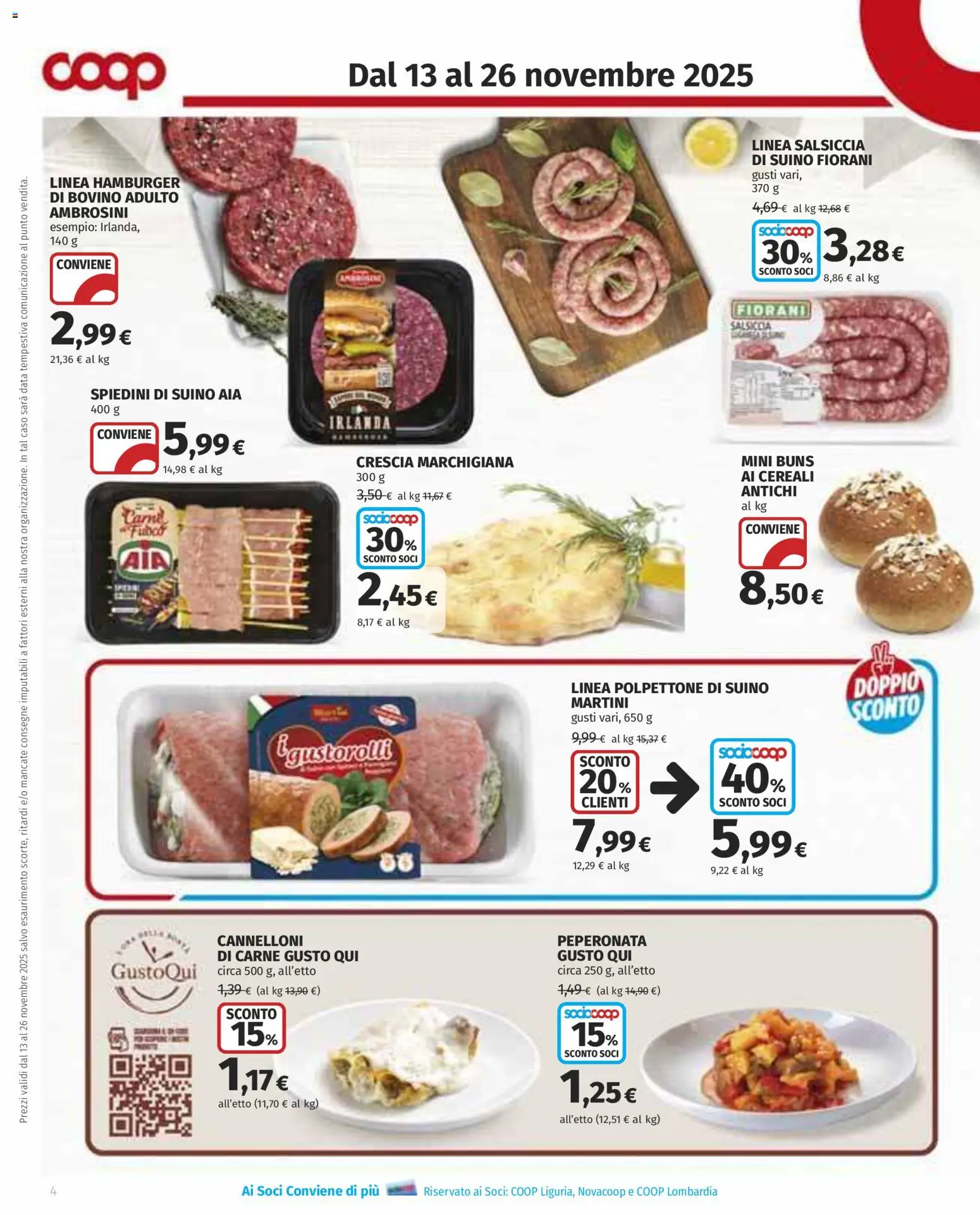 Volantino COOP del 13.11.2025 | Pagina: 4 | Prodotti: Suino, Salsiccia, Hamburger, Spiedini