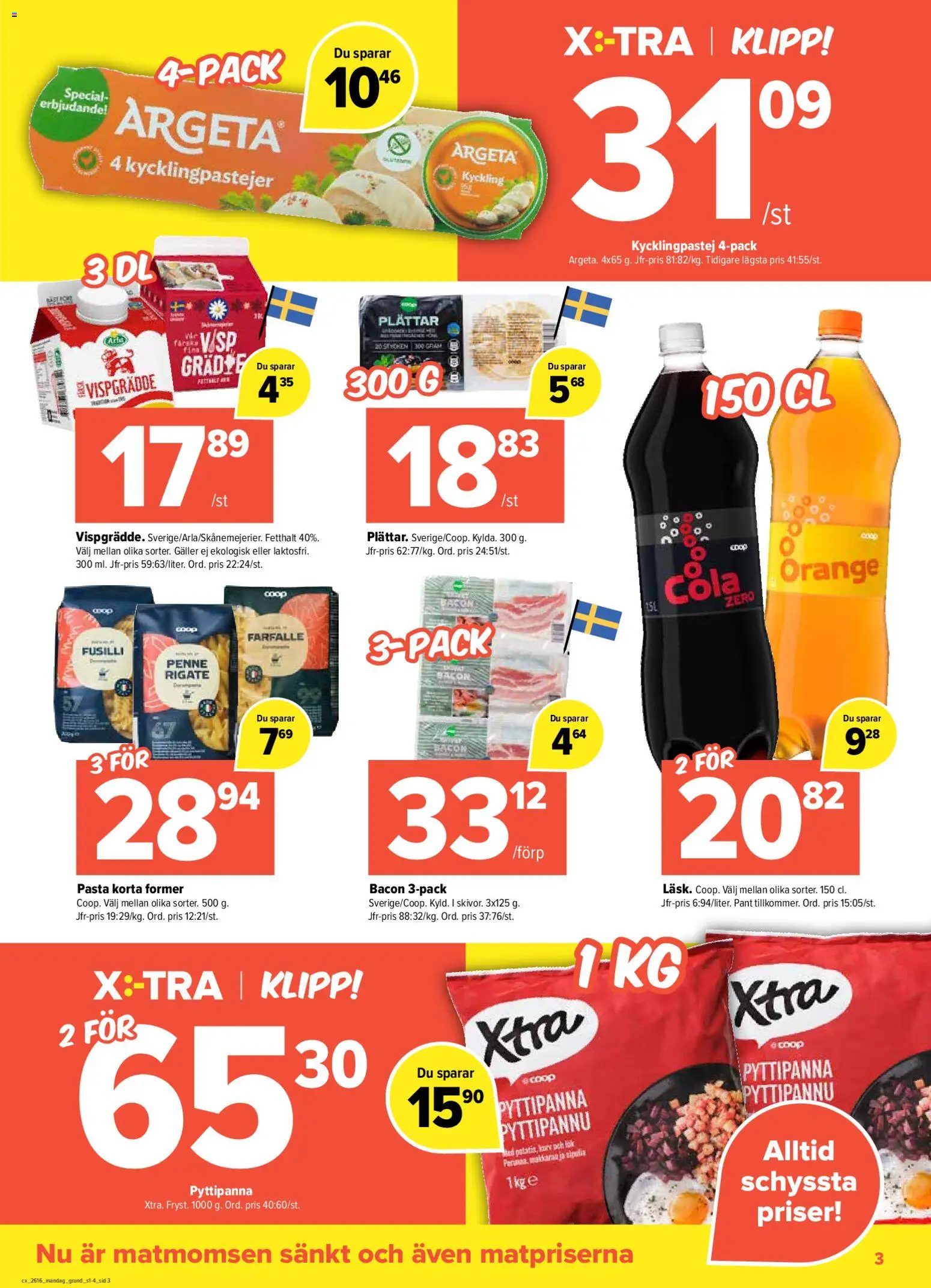 Coop X:-TRA reklamblad aktuell från 13.04.2026 | Sida: 3 | Produkter: Bacon, Pasta, Grädde, Vispgrädde