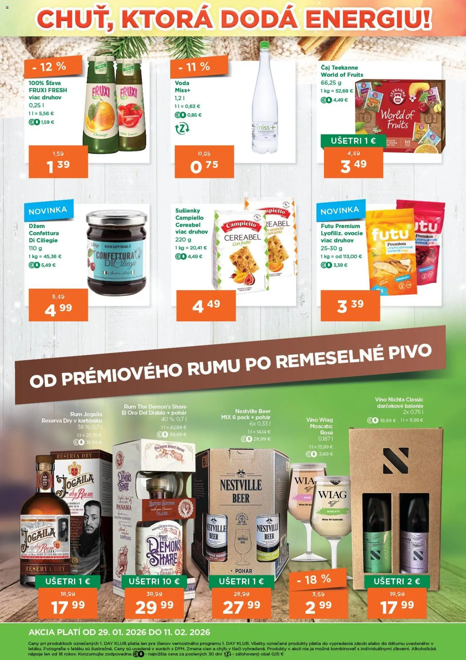 Nové 1day akcie – leták je platný od 29.01.2026 | Strana: 4 | Produkty: Víno, Teekanne, Rum, Ovocie