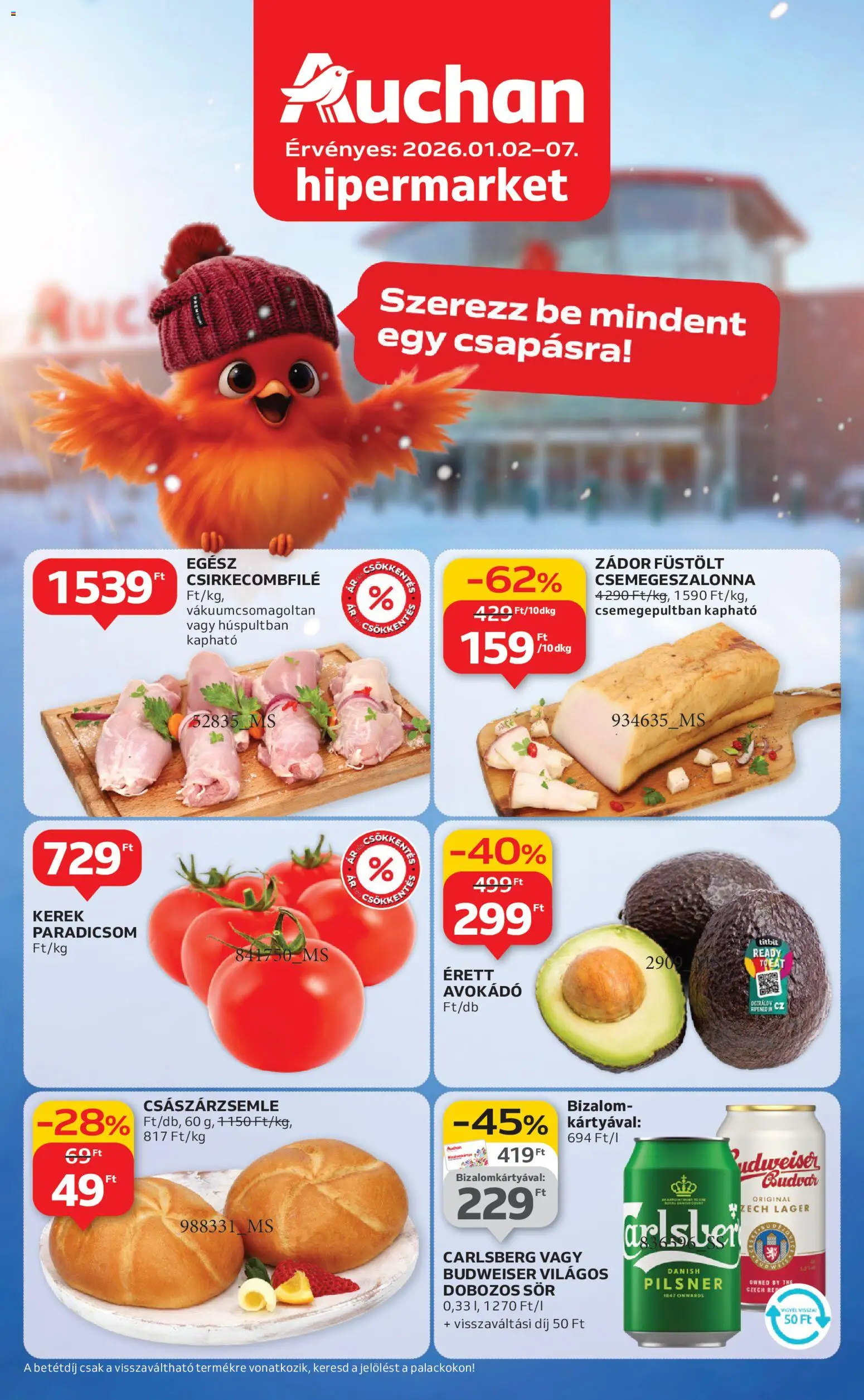 Auchan akciós ujság - amely érvényes a következő dátumtól: 02.01.2026 | Oldal: 1 | Termékek: Csirkecombfile, Dobozos sör, Sör, Paradicsom