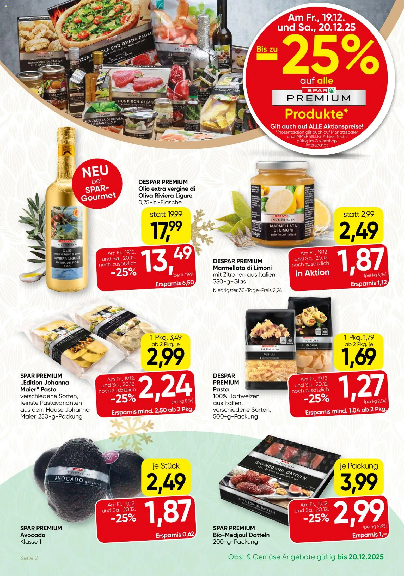 SPAR Gourmet Flugblatt gültig ab 18.12.2025 | Seite: 2 | Produkte: Pasta, Avocado, Gemüse, Obst