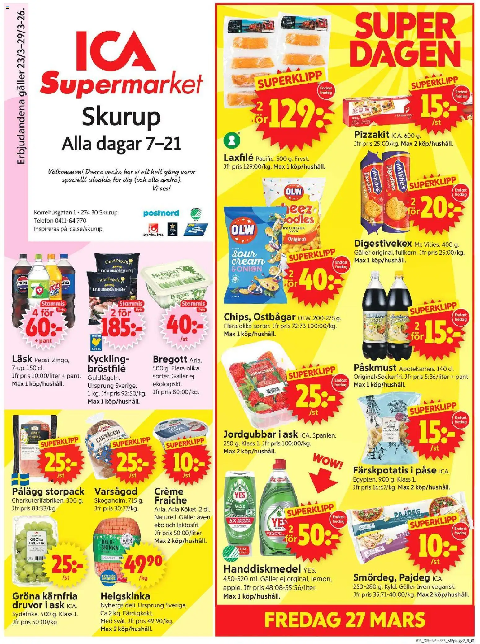 ICA Supermarket reklamblad aktuell från 23.03.2026 | Sida: 1 | Produkter: Ostbågar, Bregott, Pizzakit, Jordgubbar