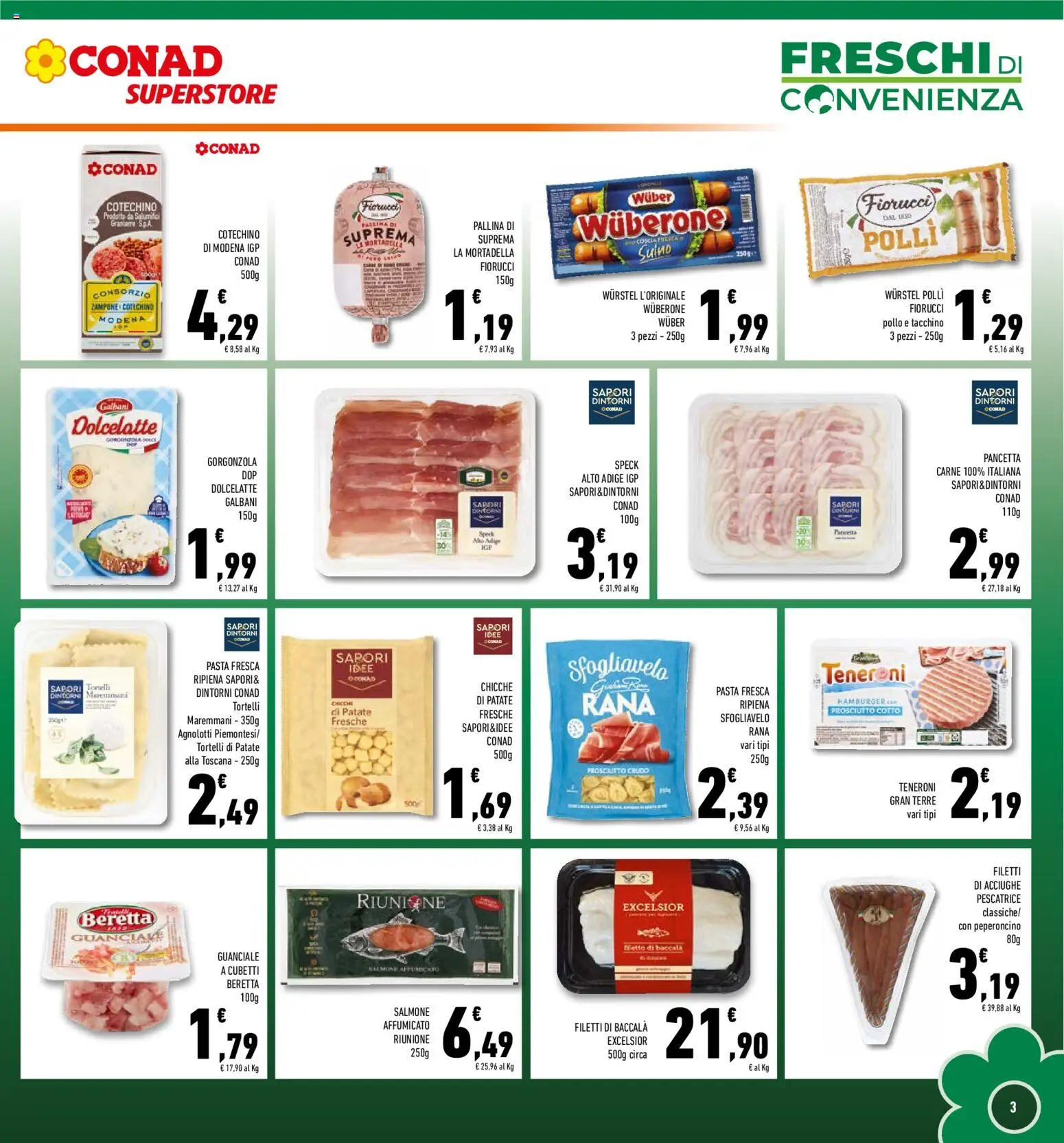 Volantino Conad del 19.11.2025 | Pagina: 3 | Prodotti: Salmone affumicato, Prosciutto Crudo, Hamburger, Gorgonzola