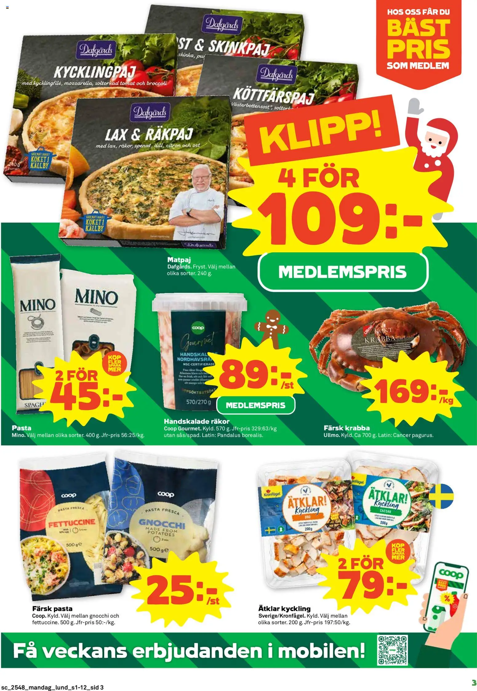 Coop Forum reklamblad aktuell från 24.11.2025 | Sida: 3 | Produkter: Räkor, Lax, Pasta, Broccoli
