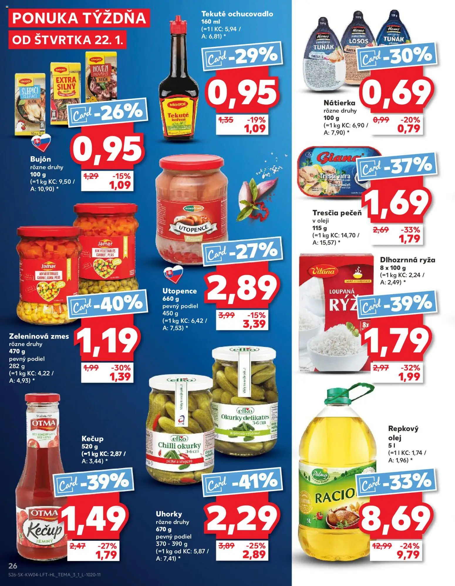 Nové Kaufland akcie – leták je platný od 22.01.2026 | Strana: 26 | Produkty: Olej, Repkový olej, Losos, Uhorky