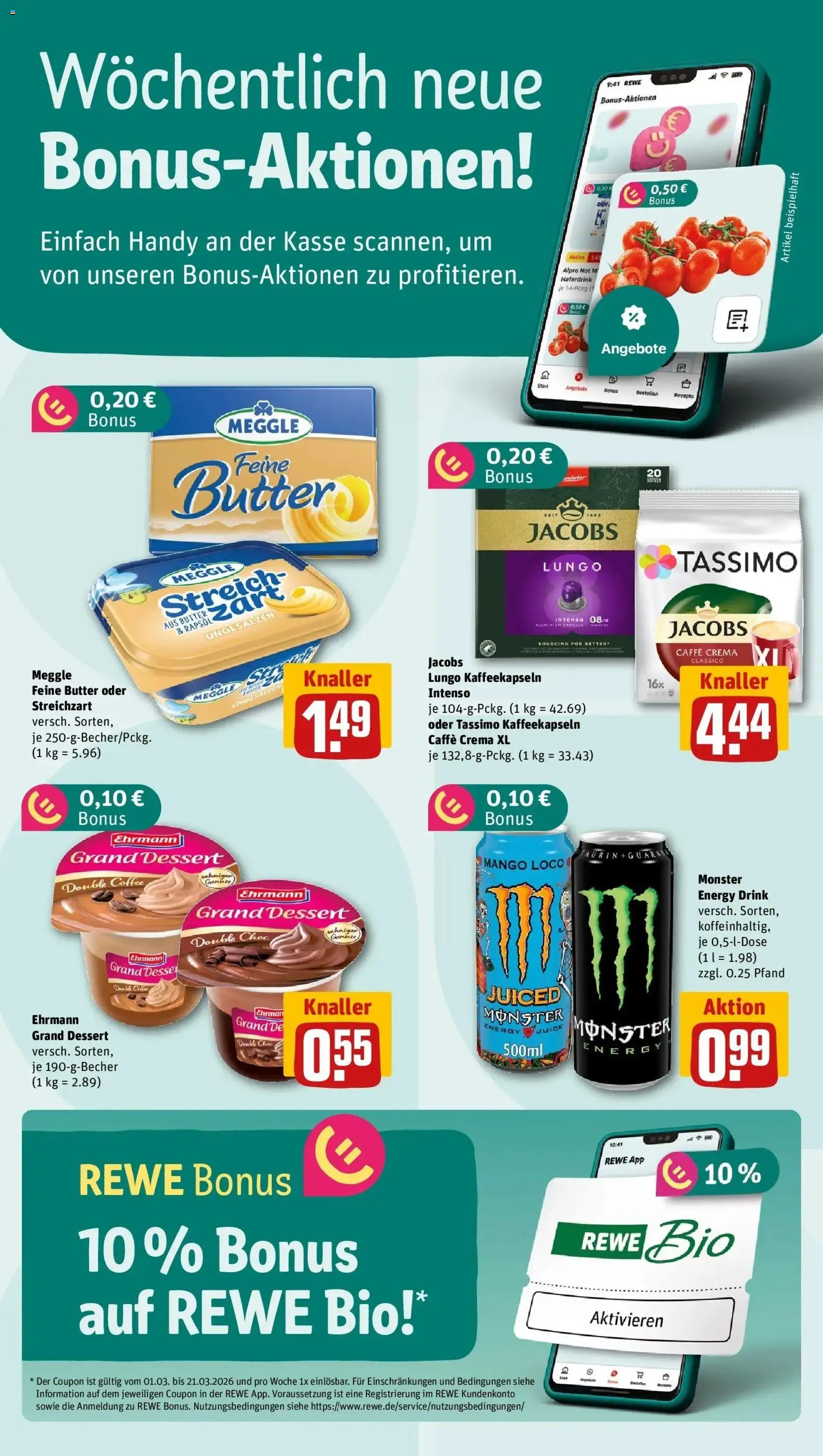 Rewe Prospekt Wetter	 – gültig ab 09.03.2026 | Seite: 2 | Produkte: Ehrmann grand dessert, Monster, Mango, Tassimo