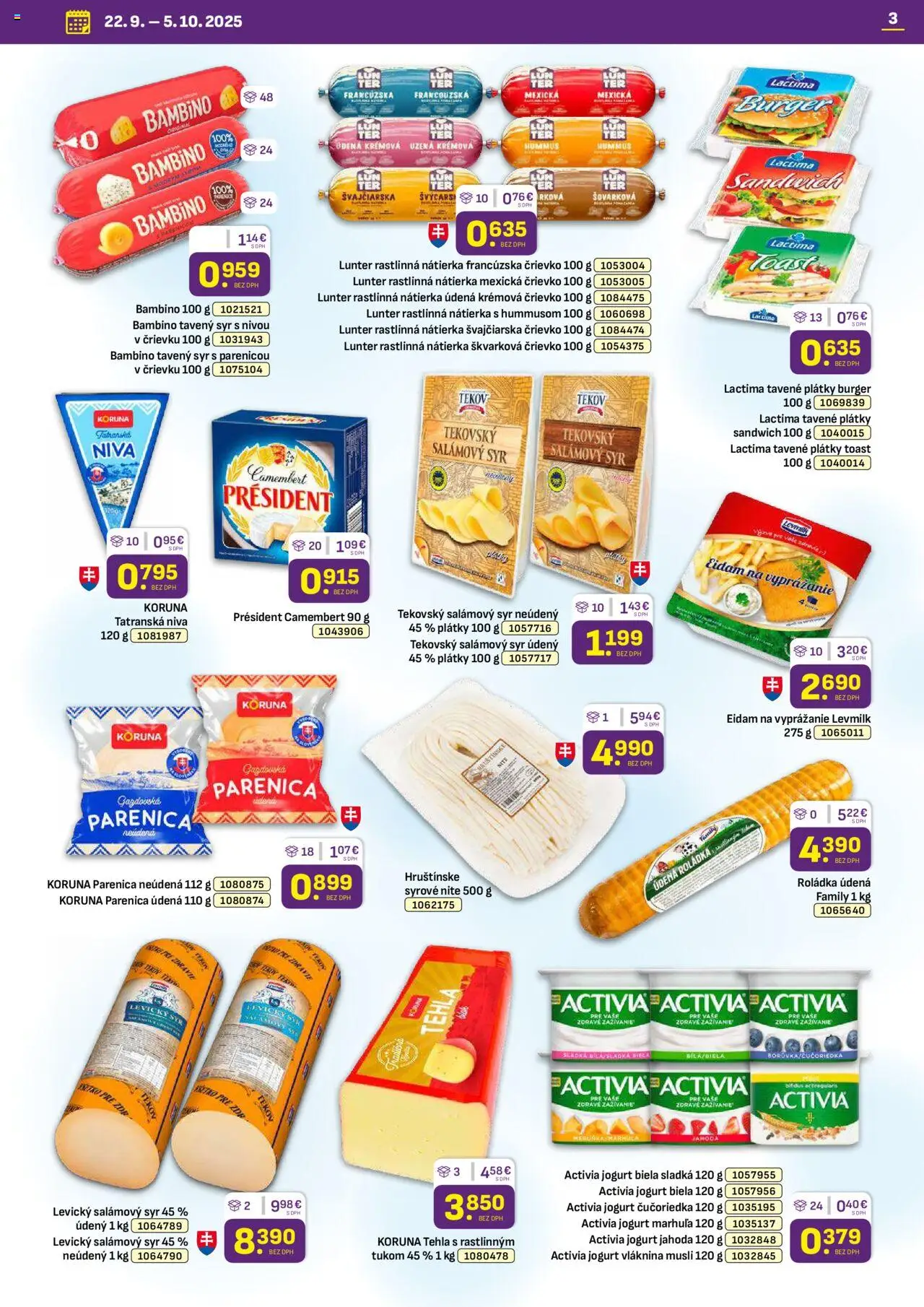 Nové Libex akcie – leták je platný od 22.09.2025 | Strana: 3 | Produkty: Syr, Jogurt, Eidam