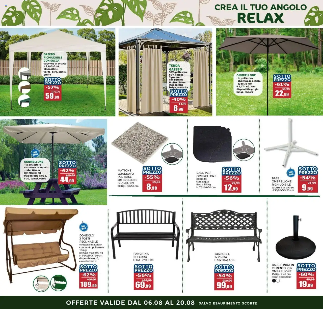 Volantino Happy Casa del 06.08.2025 | Pagina: 2 | Prodotti: Tenda, Acqua, Panchina, Cuscino