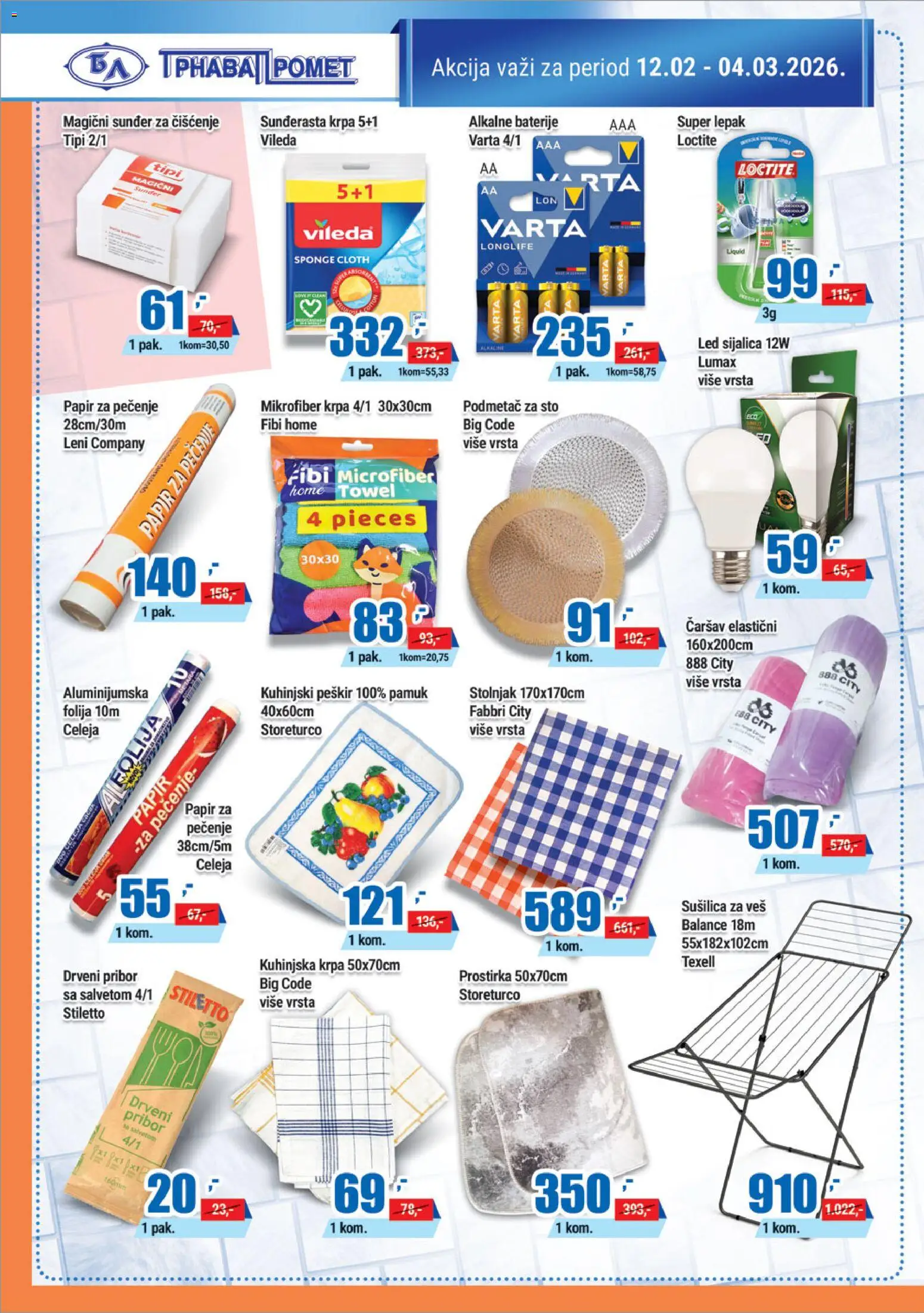 Trnava Promet katalog - važi od 12.02.2026 | Strana: 16 | Proizvode: Papir za pečenje, Stolnjak, LED sijalica, Sušilica za veš