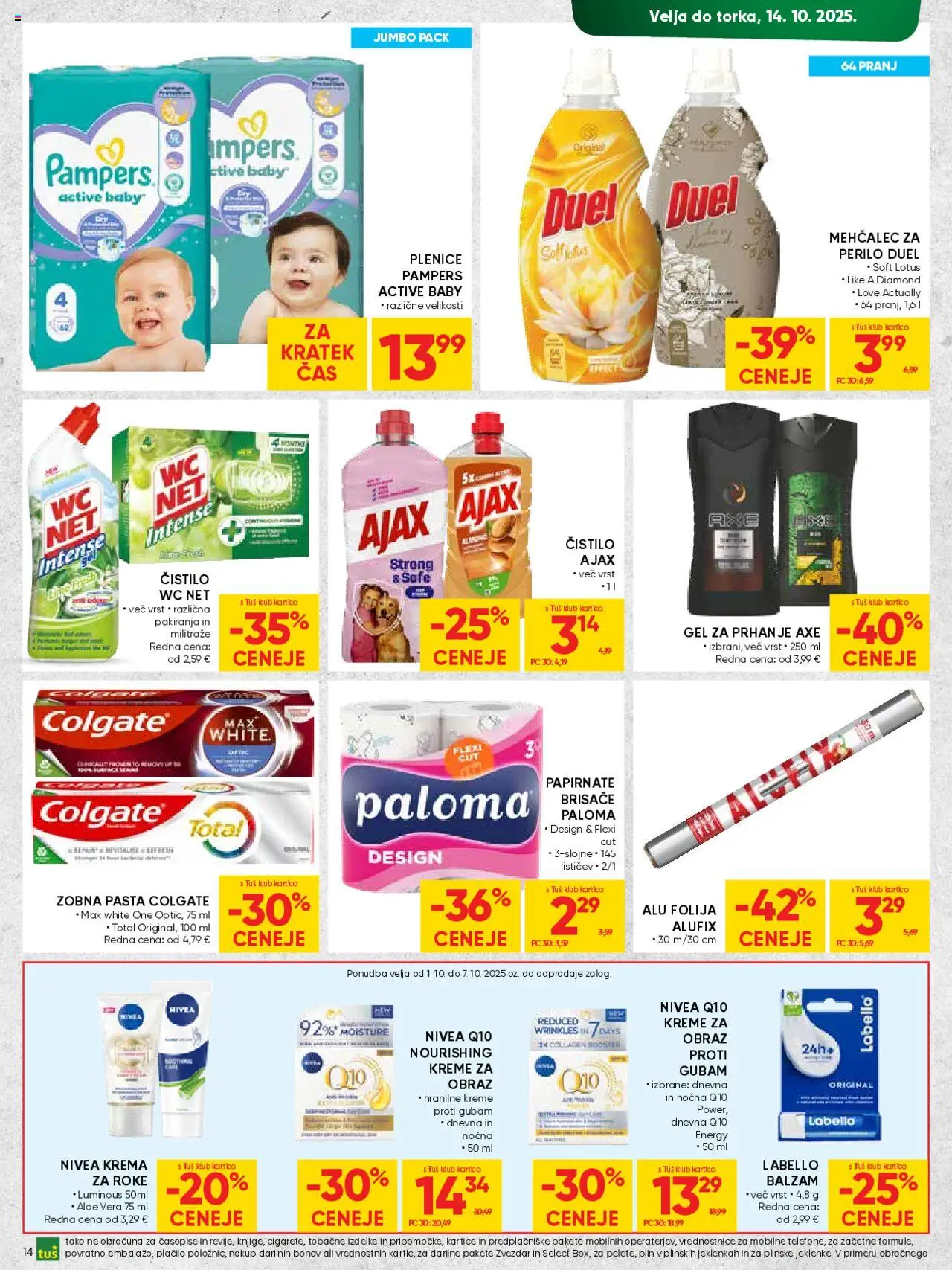 Novi Tuš katalog ponudbe – veljaven od 01.10.2025 | Stran: 14 | Izdelki: Plenice, Mehčalec, Krema, Zobna pasta