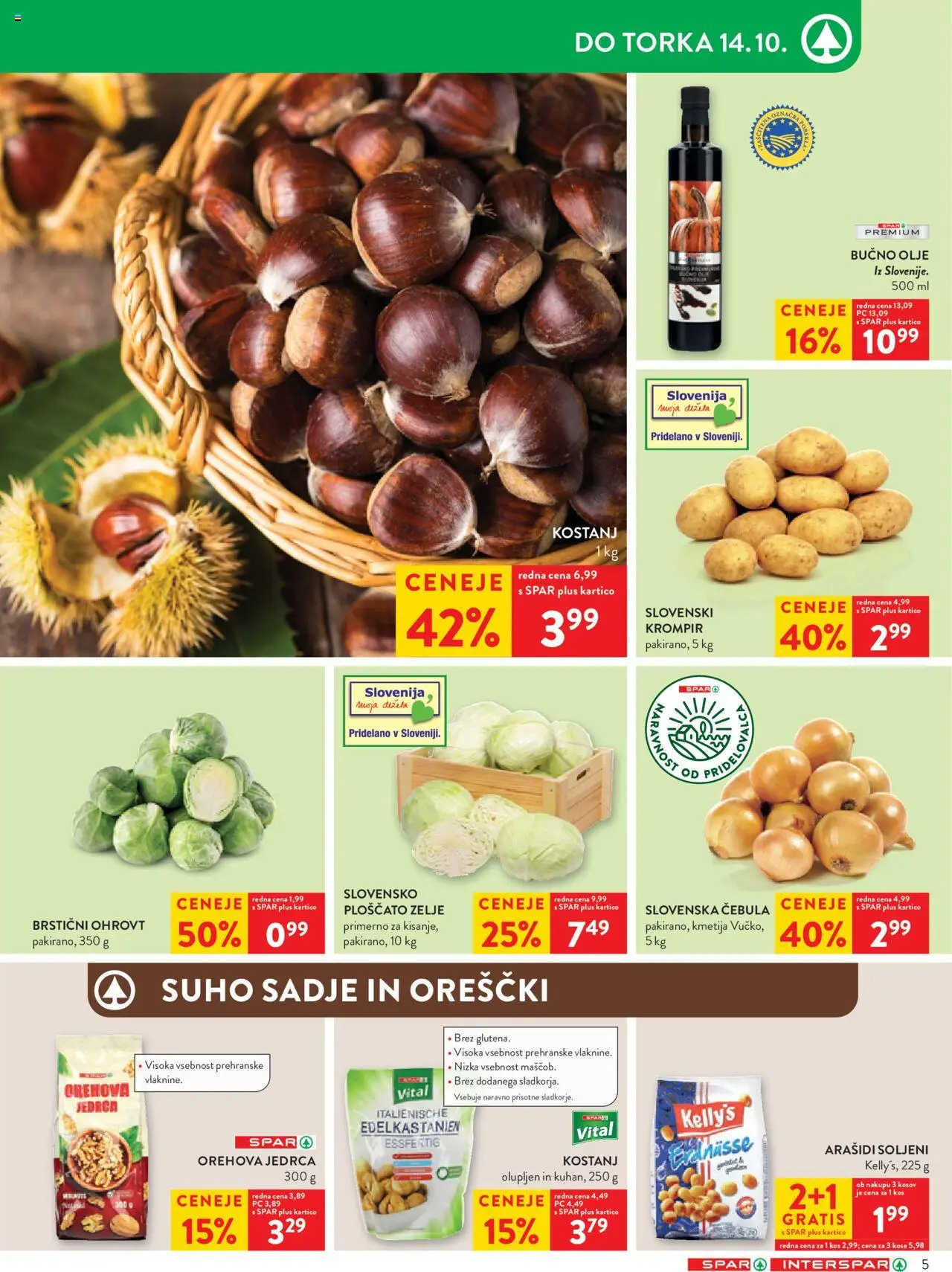 Novi Spar katalog ponudbe – veljaven od 08.10.2025 | Stran: 5 | Izdelki: Bučno olje, Arašidi, Kos, Zelje