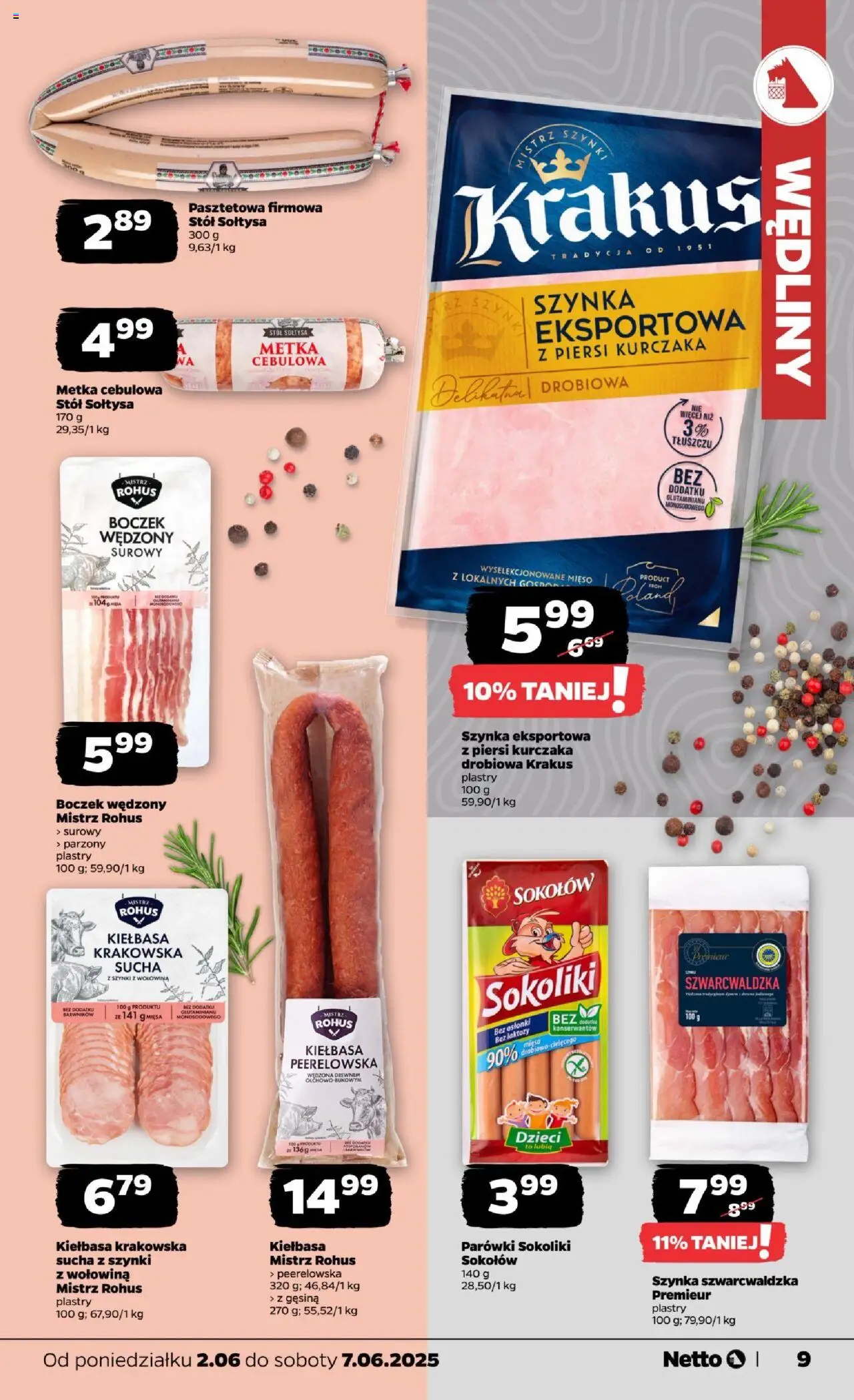 Netto gazetka - Spożywcza od 02.06.2025 | Strona: 9 | Produkty: Kiełbasa, Mięso, Parówki sokoliki, Parówki