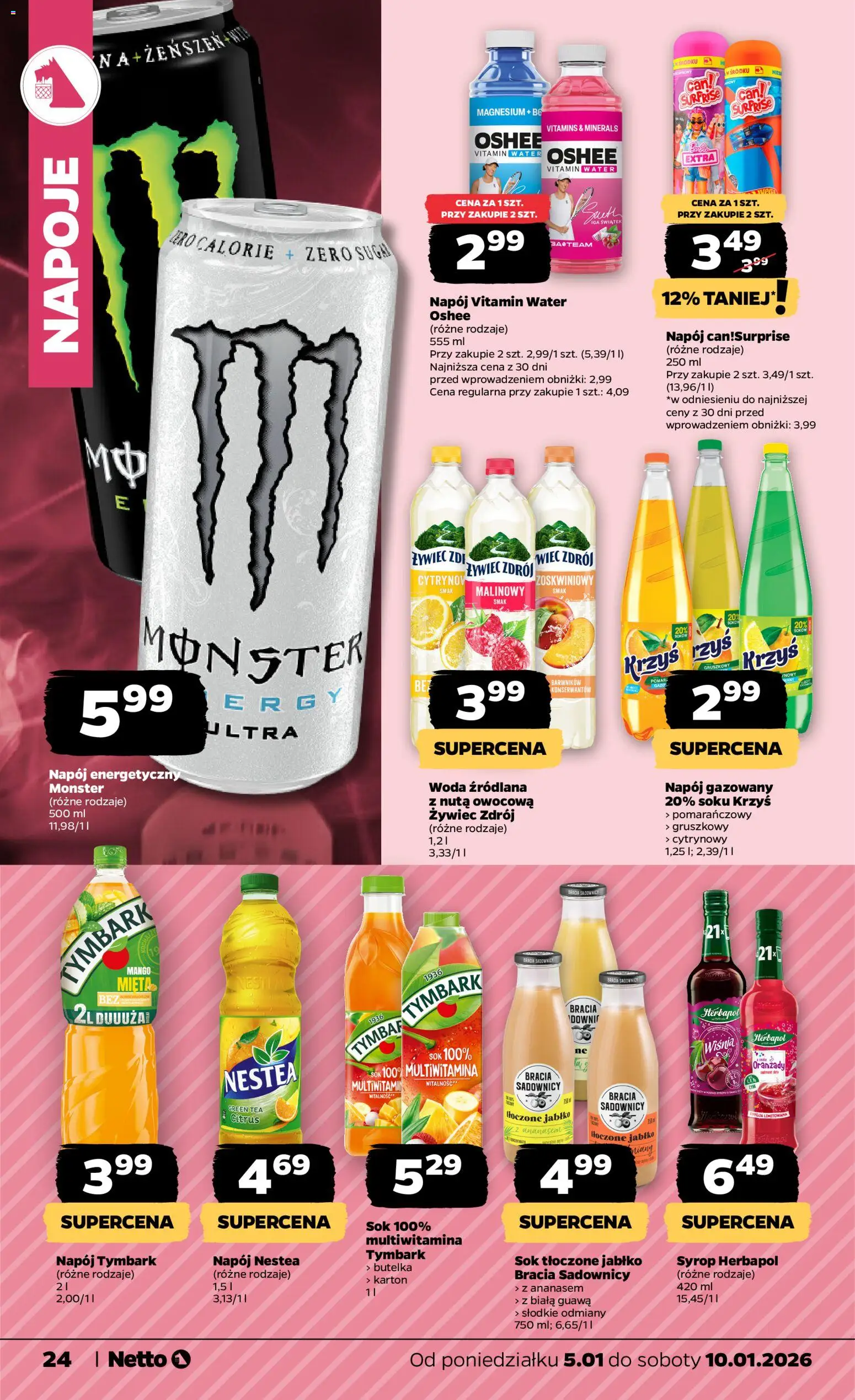 Netto gazetka - Spożywcza od 05.01.2026 | Strona: 24 | Produkty: Syrop, Woda źródlana, Guawa, Woda