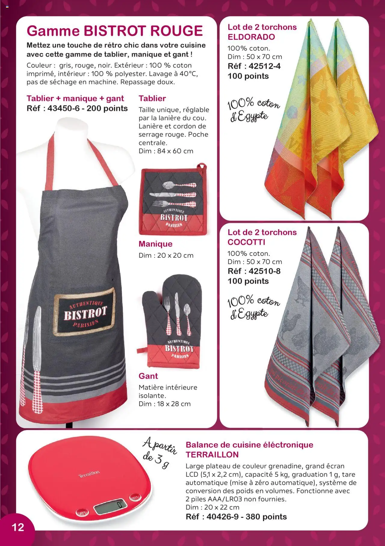  | Page: 12 | Produits: Tablier, Coton, Balance de cuisine, Piles