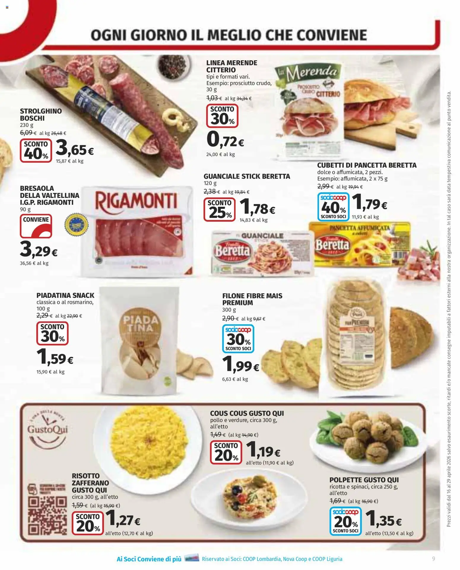 Volantino COOP del 16.04.2026 | Pagina: 9 | Prodotti: Bresaola, Pancetta, Mais, Polpette