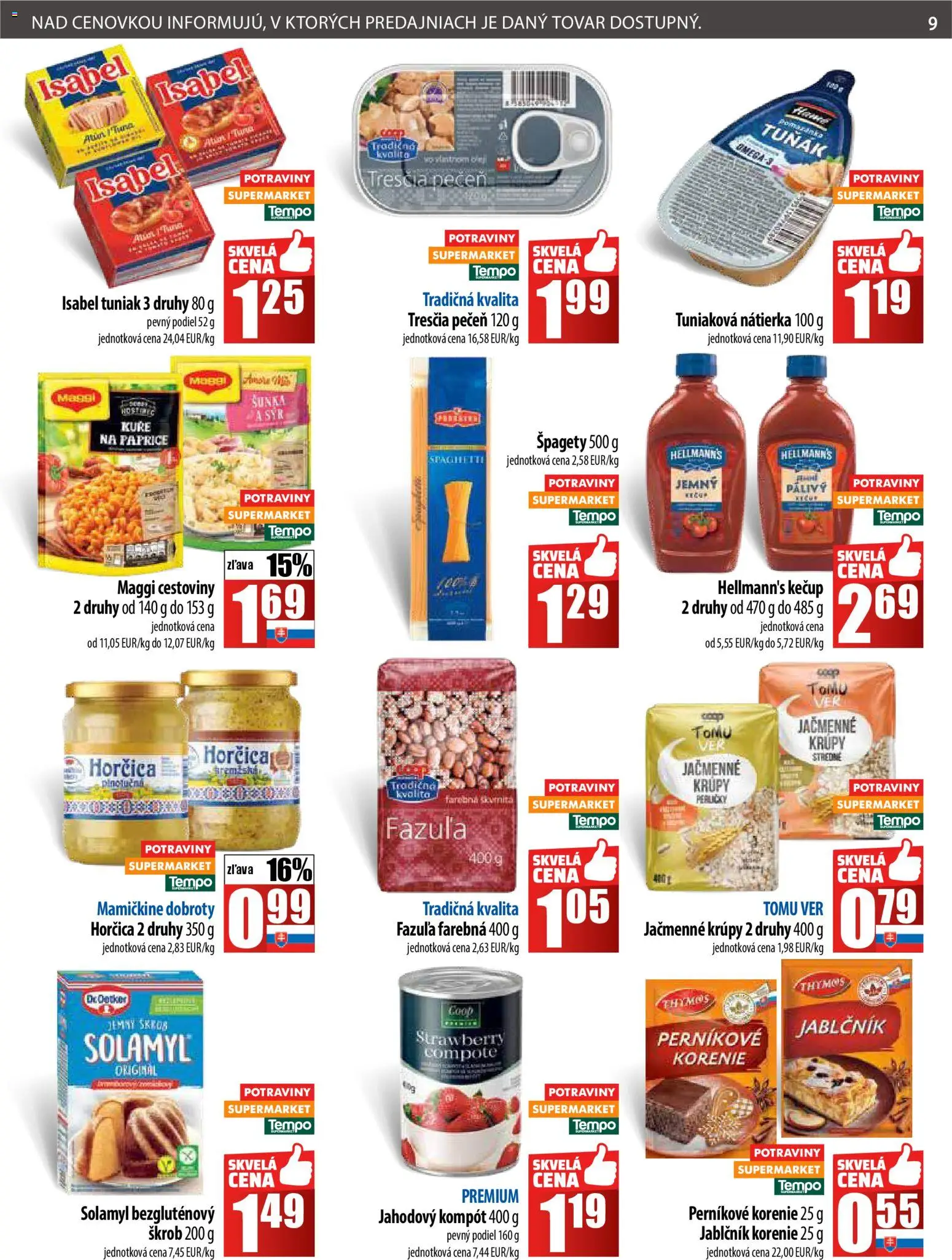 Nové COOP Jednota akcie – leták je platný od 13.11.2025 | Strana: 9 | Produkty: Tuniak, Šunka, Cestoviny, Korenie