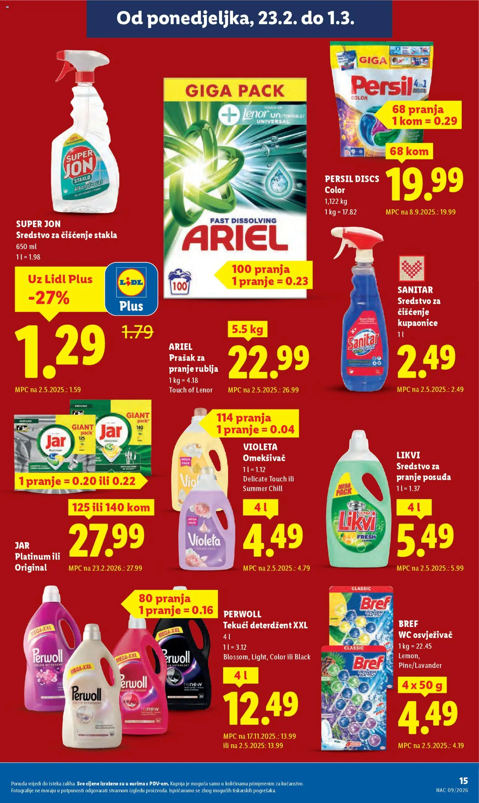 Lidl katalog | vrijedi od 23.02.2026 | Stranica: 15 | Proizvodi: Violeta, Perwoll, Ariel, Lenor