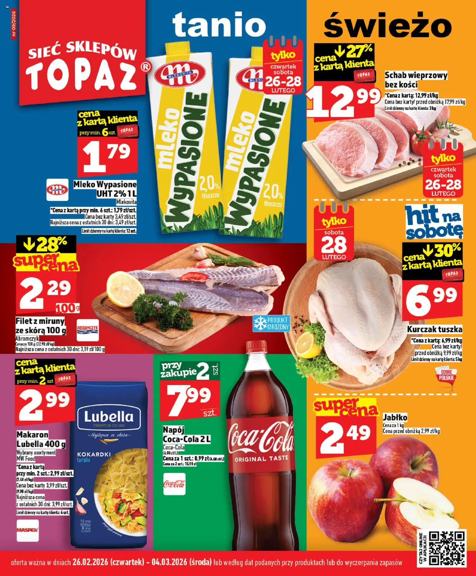 Topaz Gazetka MAZ od 26.02.2026 | Strona: 1 | Produkty: Kurczak, Schab, Schab wieprzowy bez kości, Makaron