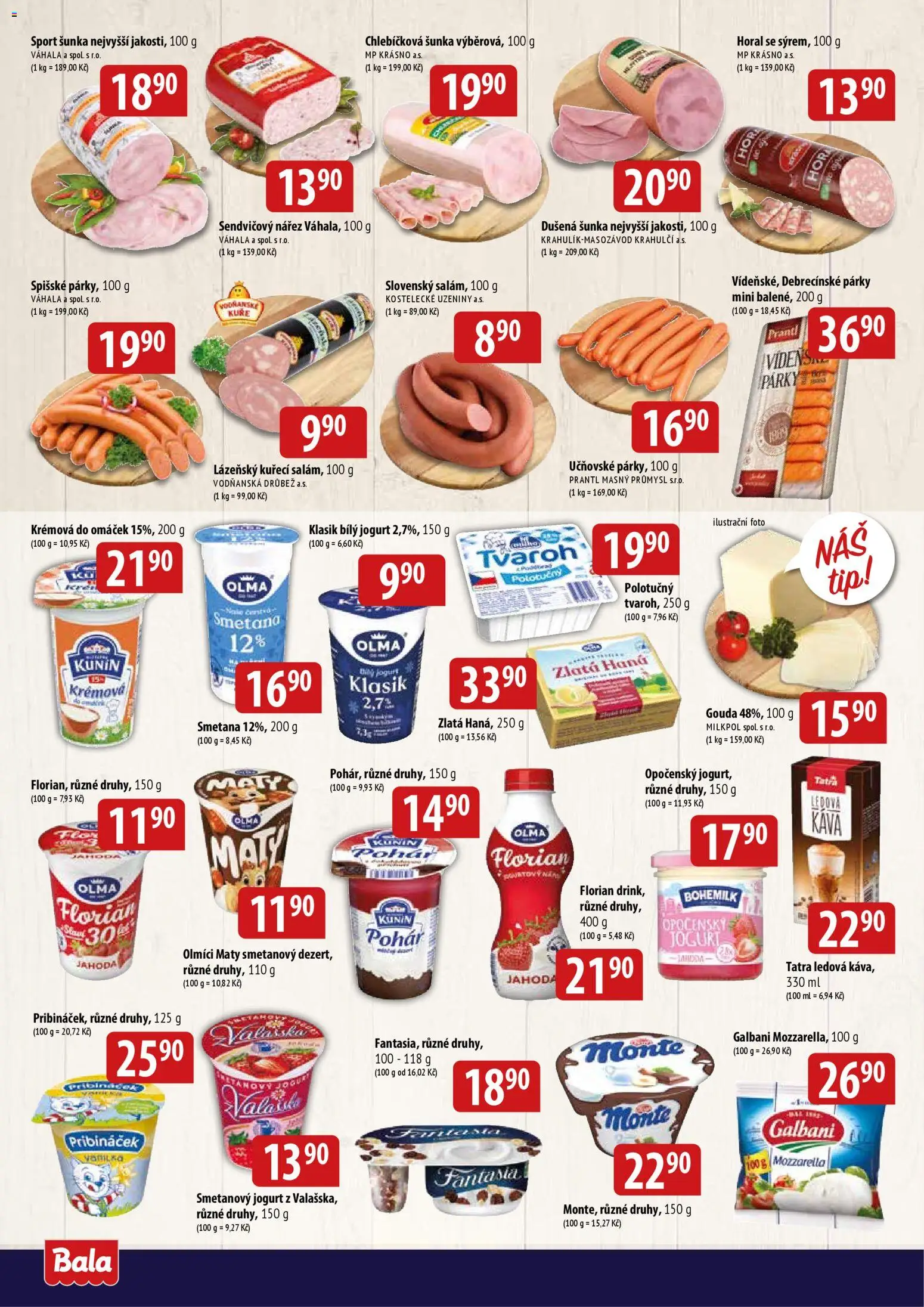 BALA velký leták + od 15.04.2026 | Strana: 2 | Produkty: Párky, Pribináček, Uzeniny, Mozzarella
