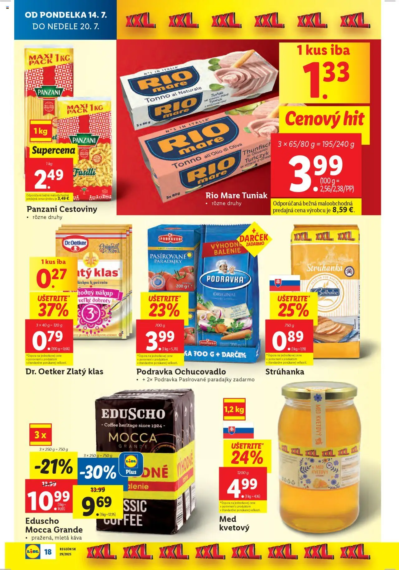 Lidl leták │ platný od 14.07.2025 | Strana: 20 | Produkty: Fusilli, Cestoviny, Rio Mare, Med