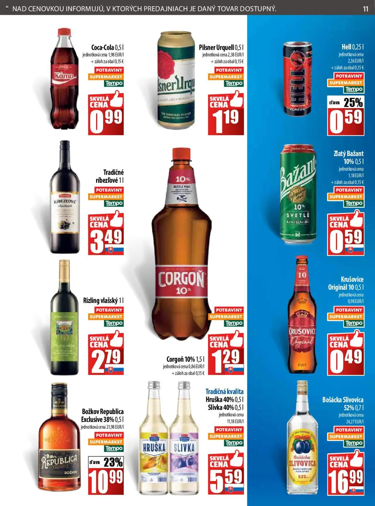 COOP Jednota leták │ platný od 21.08.2025 | Strana: 11 | Produkty: Pilsner Urquell, Bošácka slivovica, Božkov, Corgoň