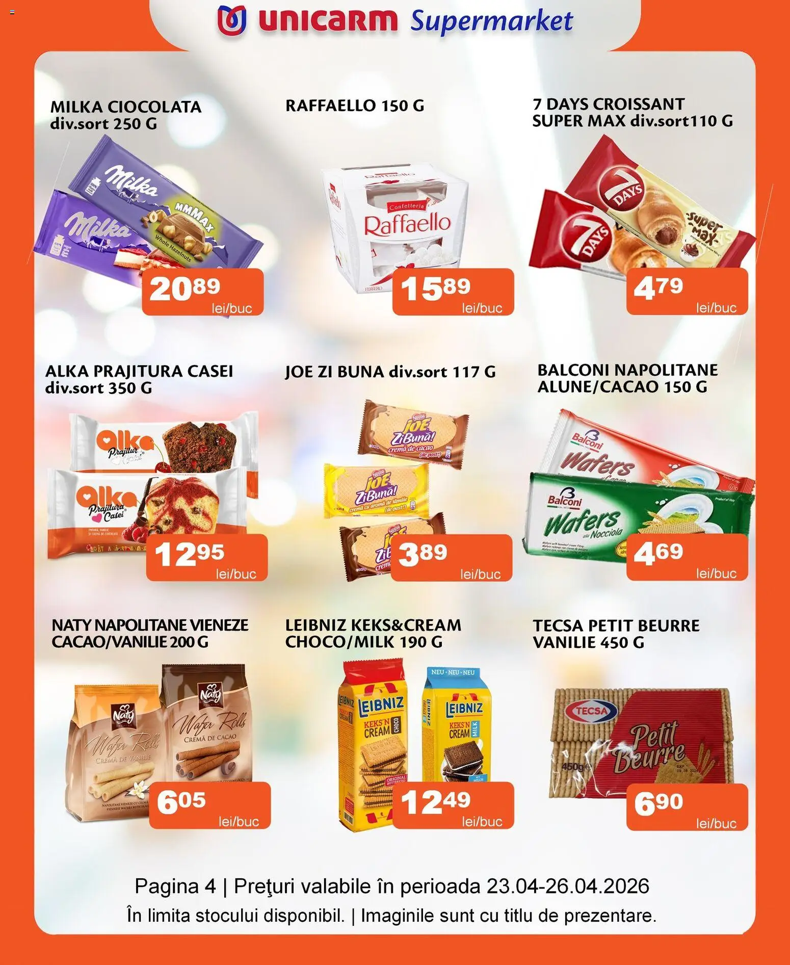 Noul catalog Unicarm – valabil de la 23.04.2026 | Pagină: 4 | Produse: Prăjitură, Napolitane, Ciocolată, Cacao