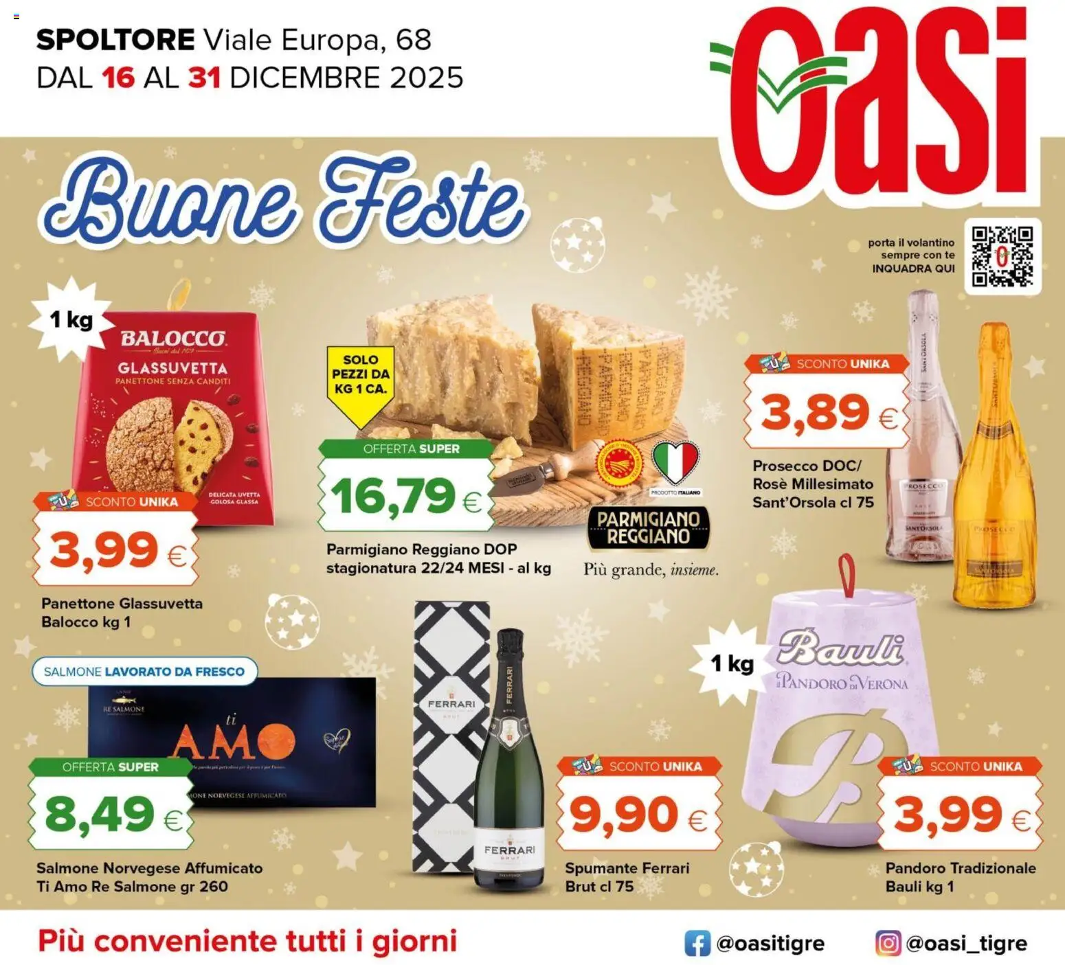 Volantino Oasi del 15.12.2025 | Pagina: 1 | Prodotti: Salmone, Prosecco, Panettone, Spumante