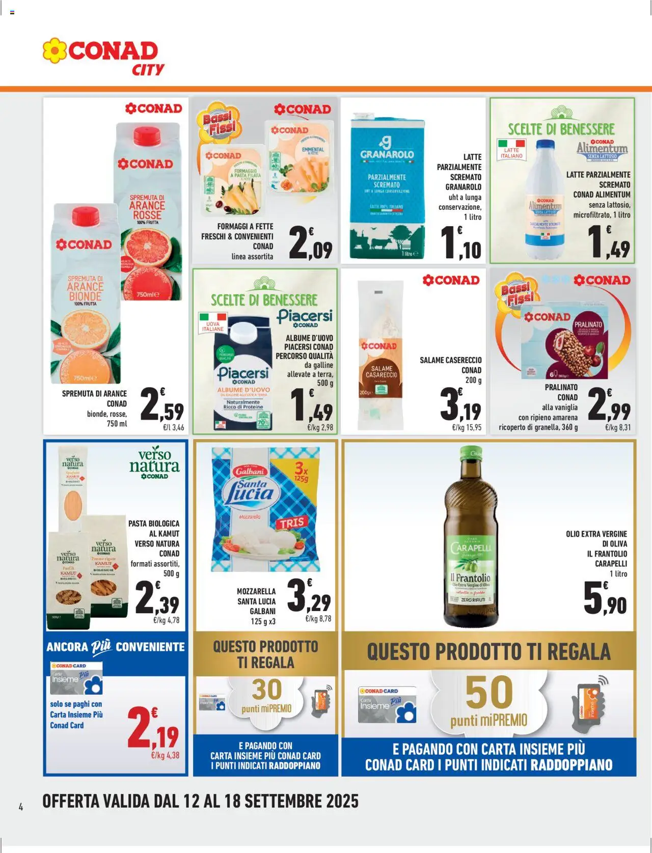 Volantino Conad del 12.09.2025 | Pagina: 4 | Prodotti: Uova, Mozzarella, Olio extra vergine, Emmental