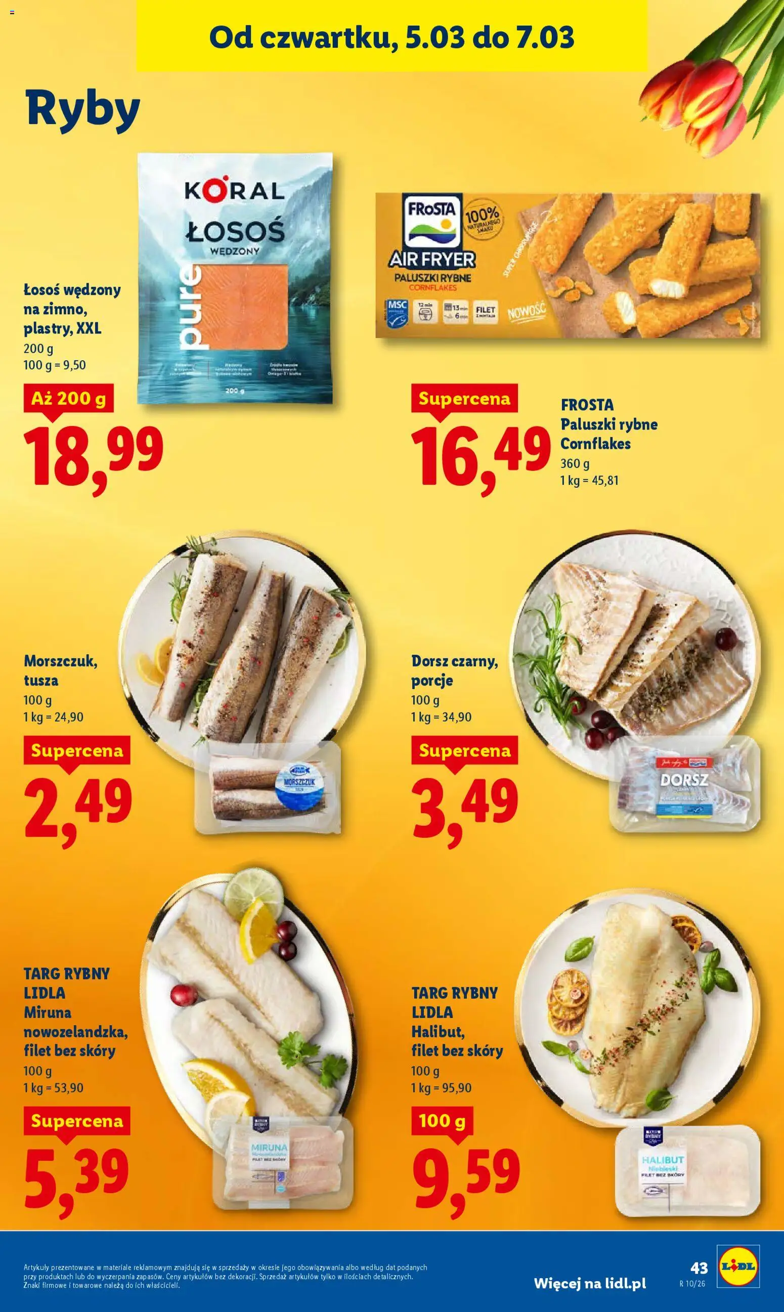 Lidl gazetka od 05.03.2026 | Strona: 45 | Produkty: Łosoś wędzony, Dorsz, Paluszki, Ryby