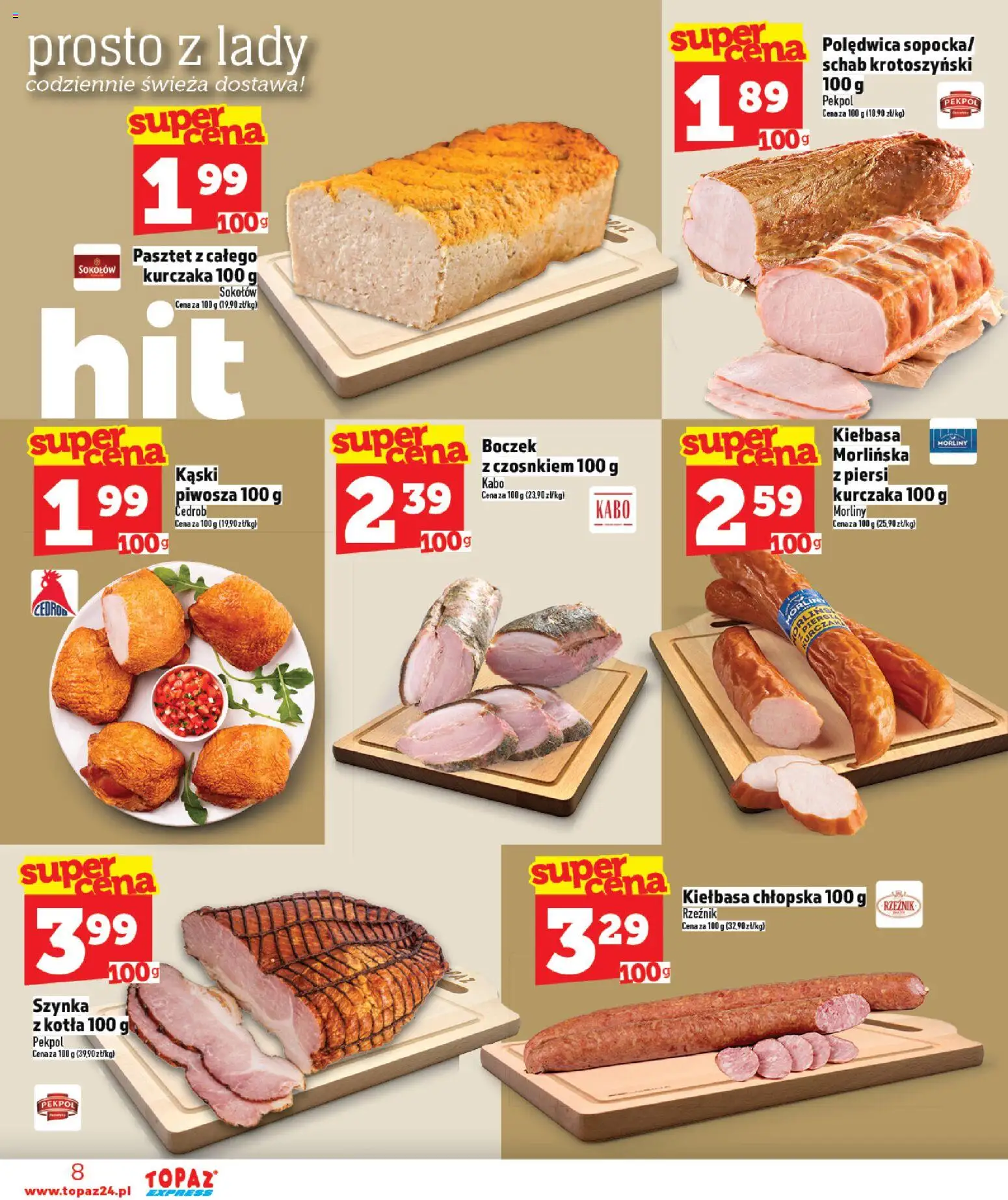 Topaz Gazetka - Express od 26.02.2026 | Strona: 8 | Produkty: Kiełbasa, Piersi, Szynka, Boczek