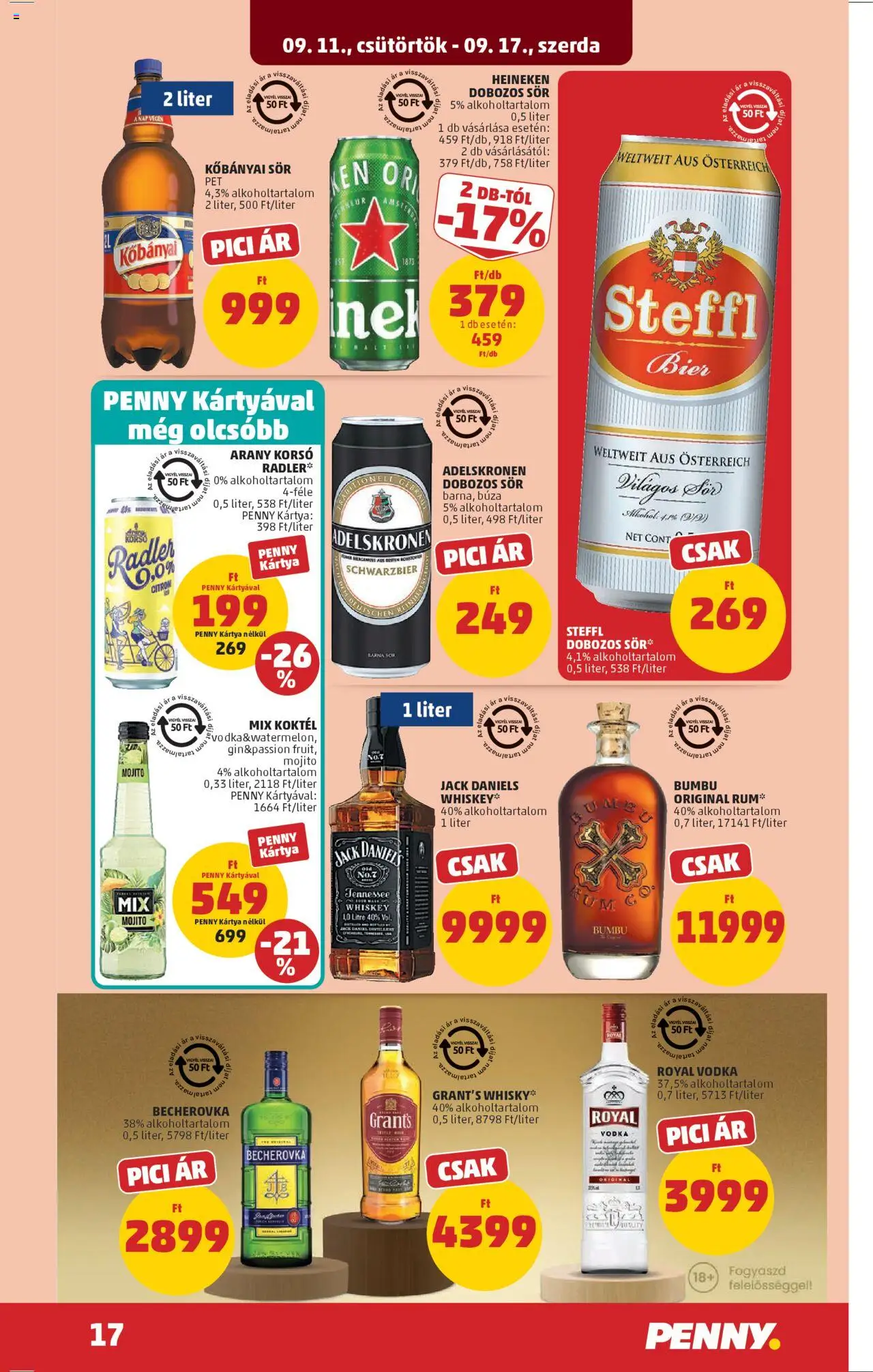 PENNY akciós ujság - amely érvényes a következő dátumtól: 11.09.2025 | Oldal: 21 | Termékek: Whiskey, Becherovka, Steffl, Sör