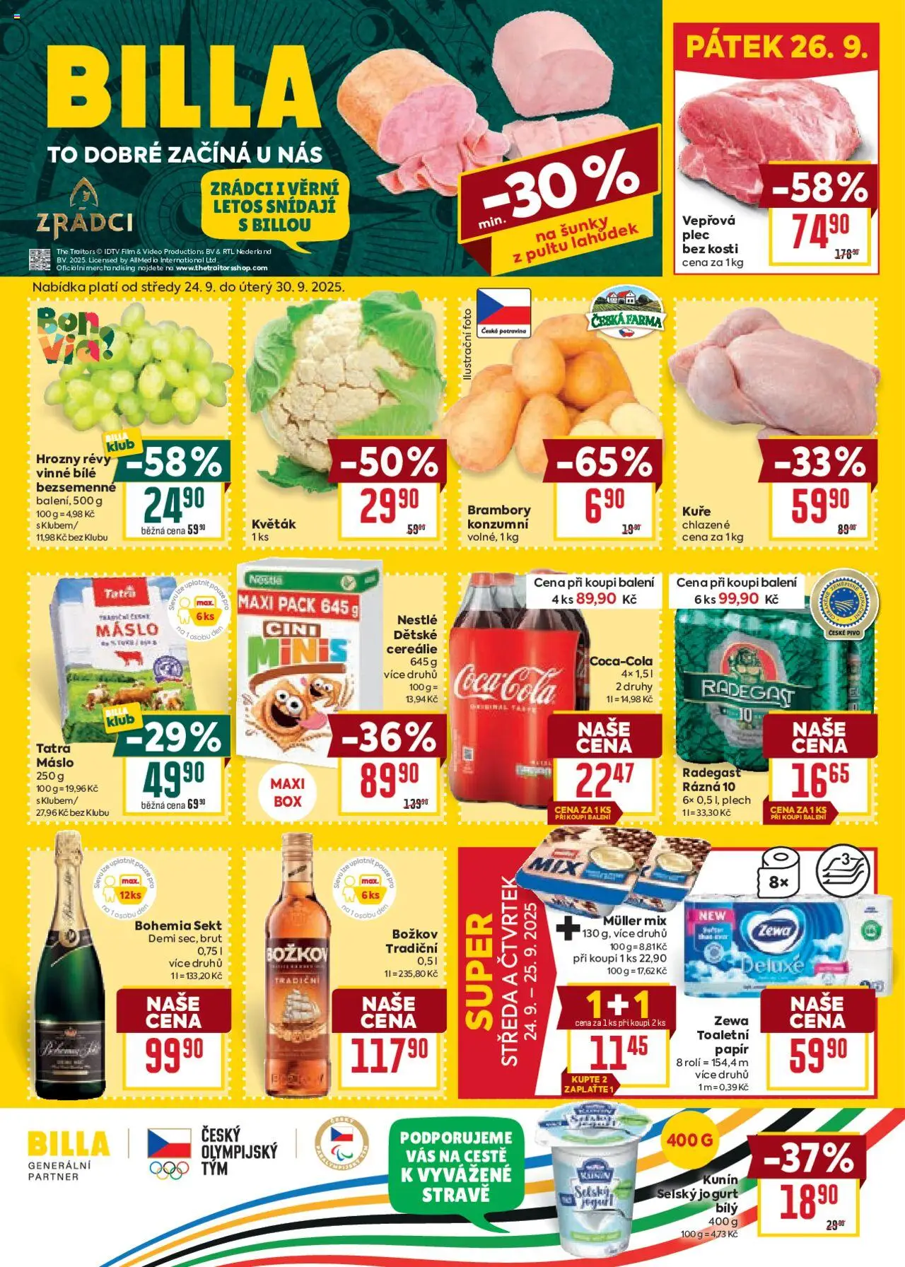 Billa Velký leták od 24.09.2025 | Strana: 1 | Produkty: Pivo, Video, Sekt, Zewa