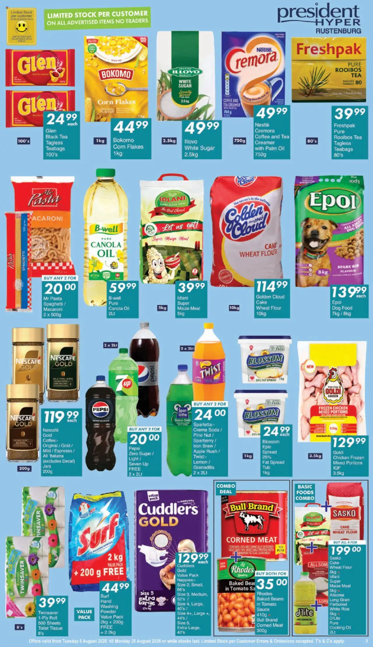 President Hyper Specials │ valid from 05.08.2025 | Page: 3 | Products: Detergente líquido, Tea, Flakes, Dog food