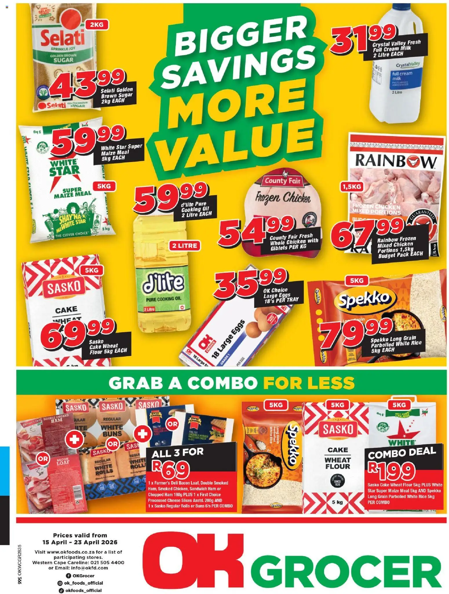 New OK Foods catalogue – valid from 15.04.2026 | Page: 1 | Products: Flour, Maize meal, Eggs, Ham