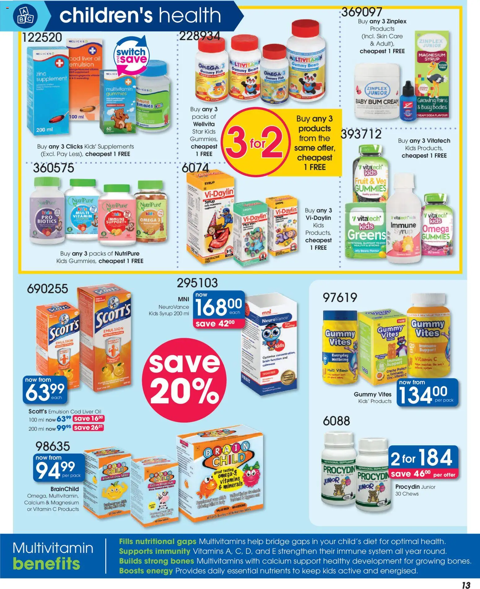 New Clicks catalogue – valid from 25.02.2026 | Page: 13 | Products: Beans, Multivitamins, Syrup, Supplements