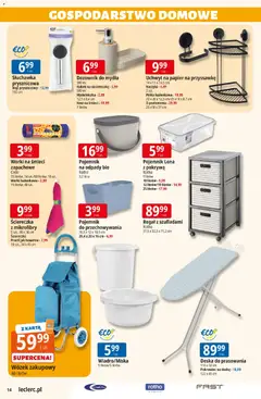 Pogląd oferty "E.Leclerc Gazetka" - ważna od 10.02.2026 | Strona: 14 | Produkty: Karta, Kosz, Deska do prasowania, Regał