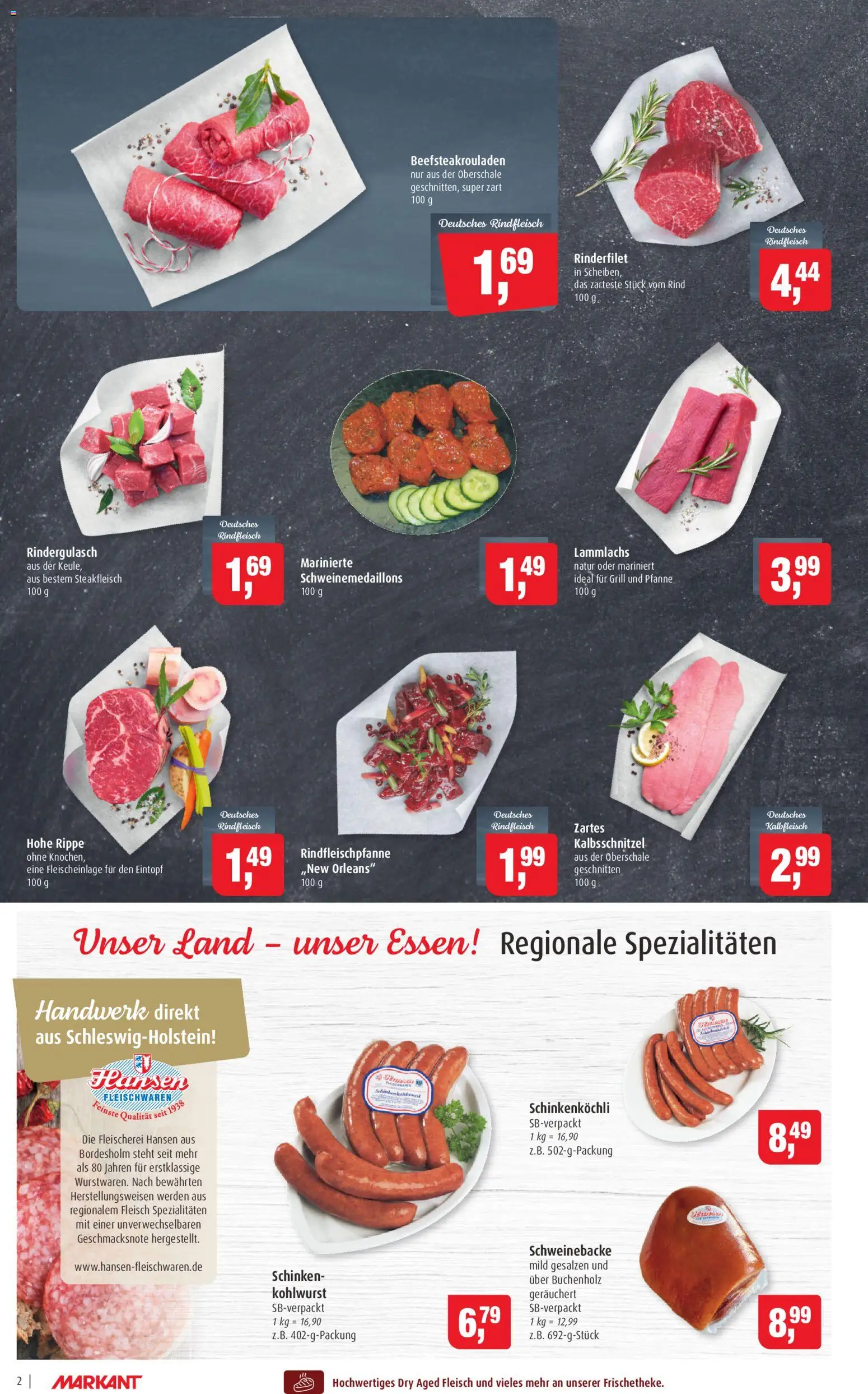 Markant Prospekt – gültig ab 02.03.2026 | Seite: 2 | Produkte: Rindergulasch, Rinderfilet, Schinken, Fleisch