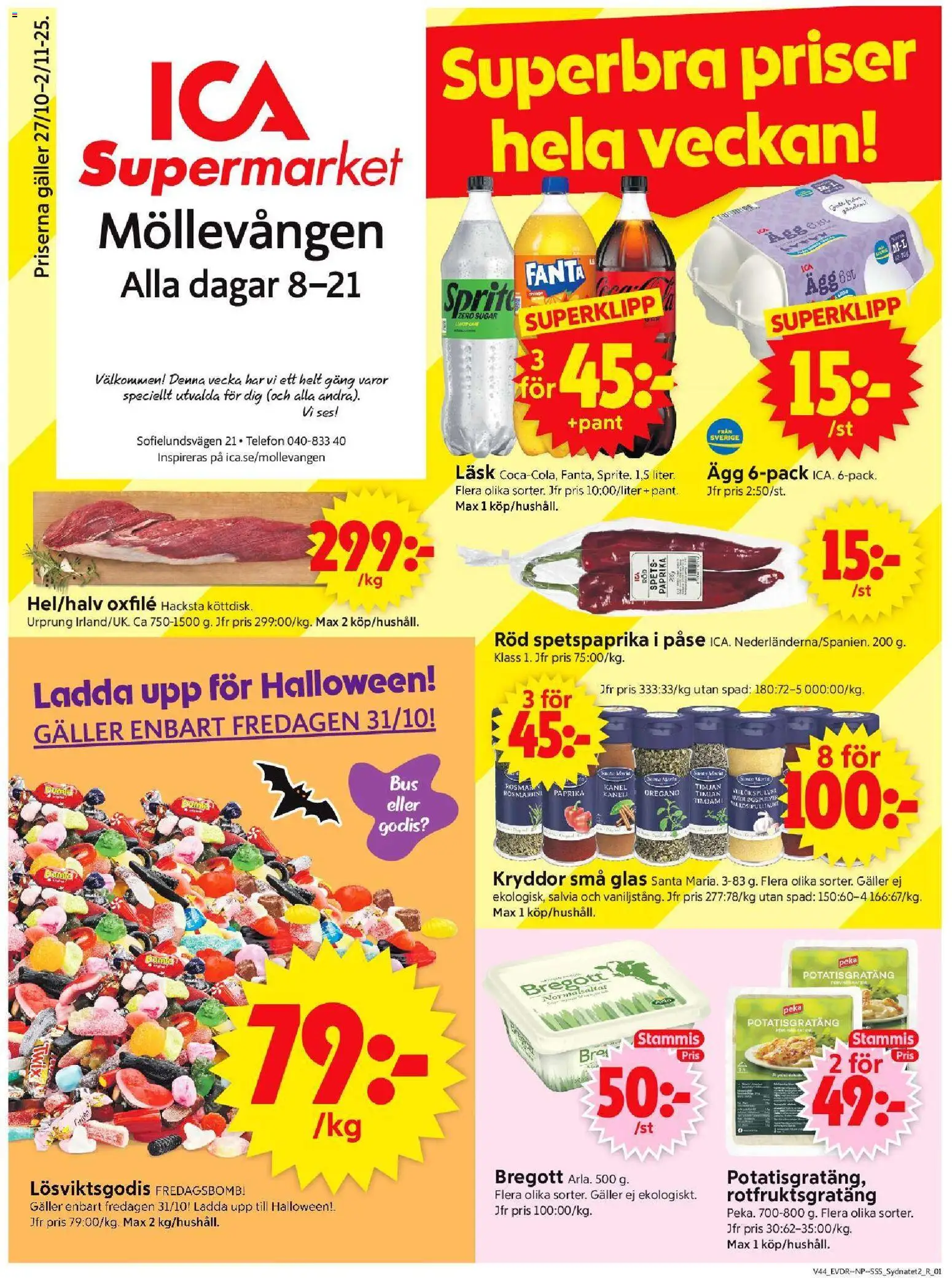 ICA Supermarket reklamblad aktuell från 27.10.2025 | Sida: 1 | Produkter: Timjan, Potatisgratäng, Oregano, Ägg