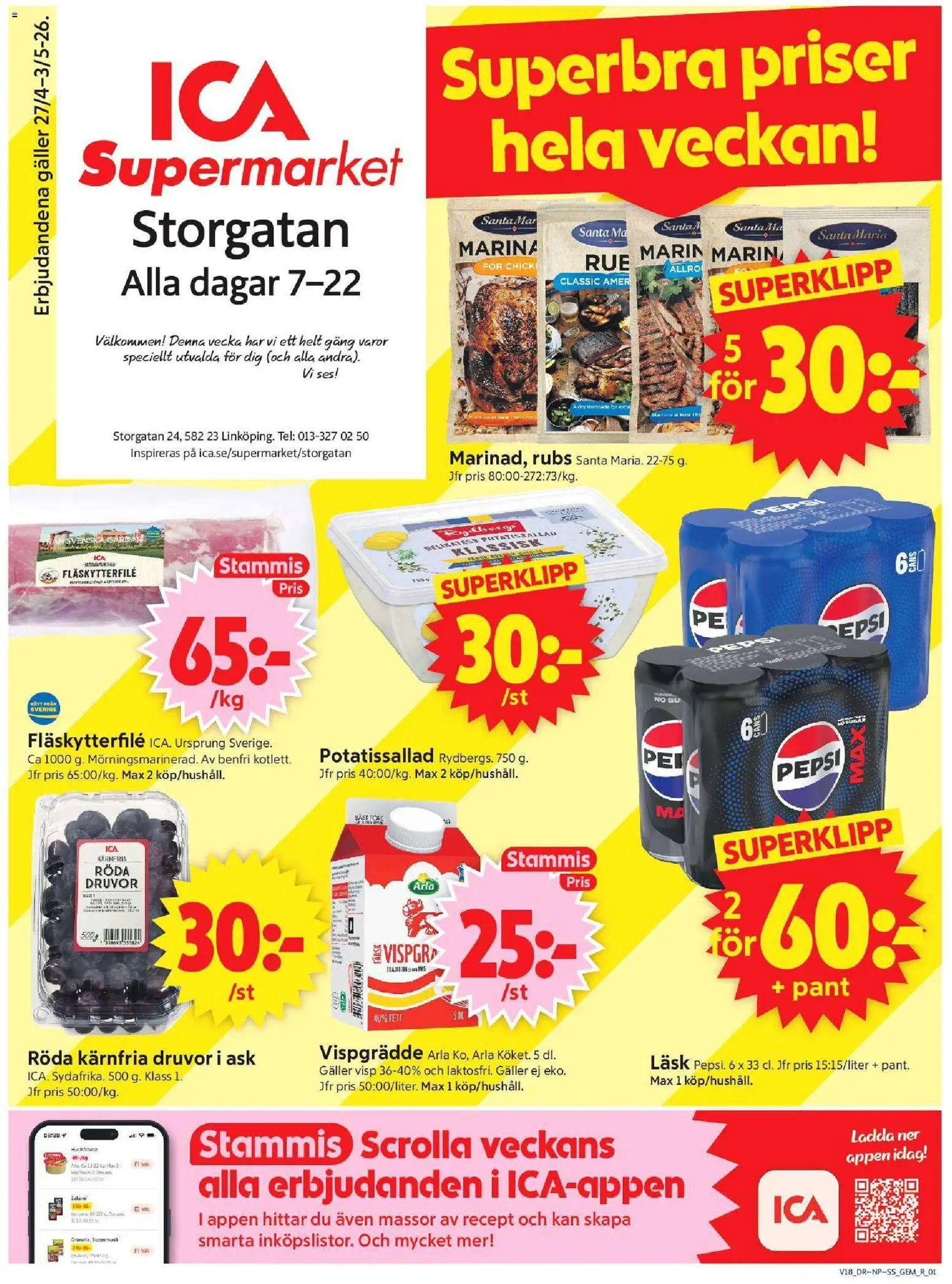 ICA Supermarket reklamblad aktuell från 27.04.2026 | Sida: 1 | Produkter: Visp, Galler, Salami, Vispgrädde