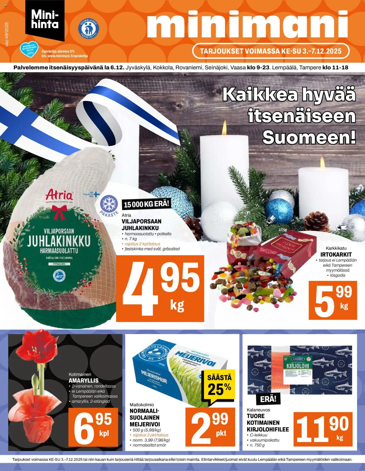 Minimani tarjoukset – voimassa 03.12.2025 alkaen | Sivu: 1 | Tuotteet: Irtokarkit, Kirjolohi