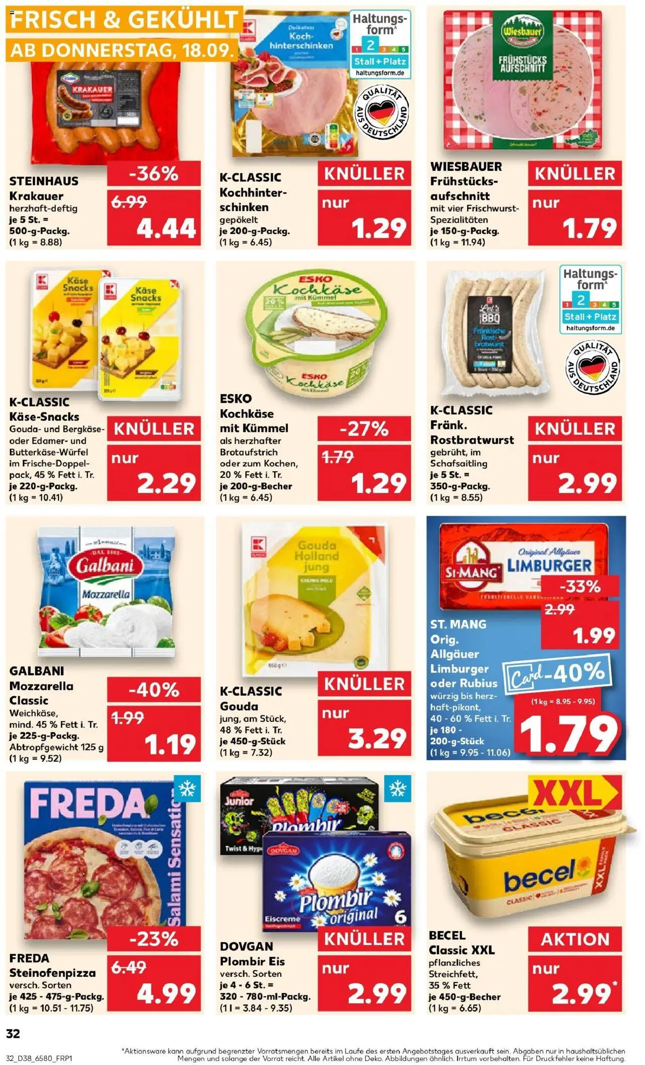 Kaufland prospekt Alfeld (Leine)	 – gültig ab 21.09.2025 | Seite: 32 | Produkte: Käse, Eiscreme, Schinken, Eis