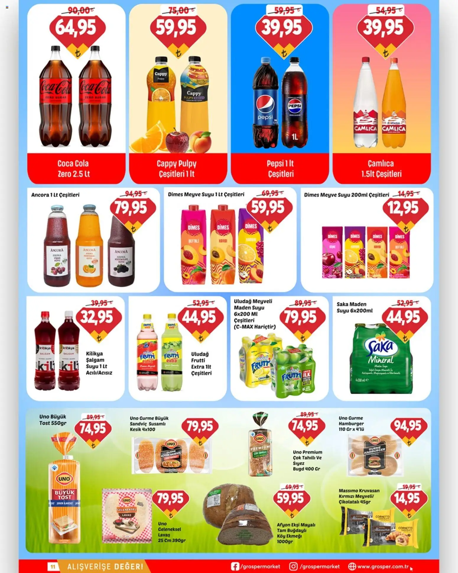 Grosper Katalog - 22.04.2026 tarihinden itibaren geçerlidir | Sayfa: 11 | Ürünler: Portakal, Vişne, Meyve, Maden suyu
