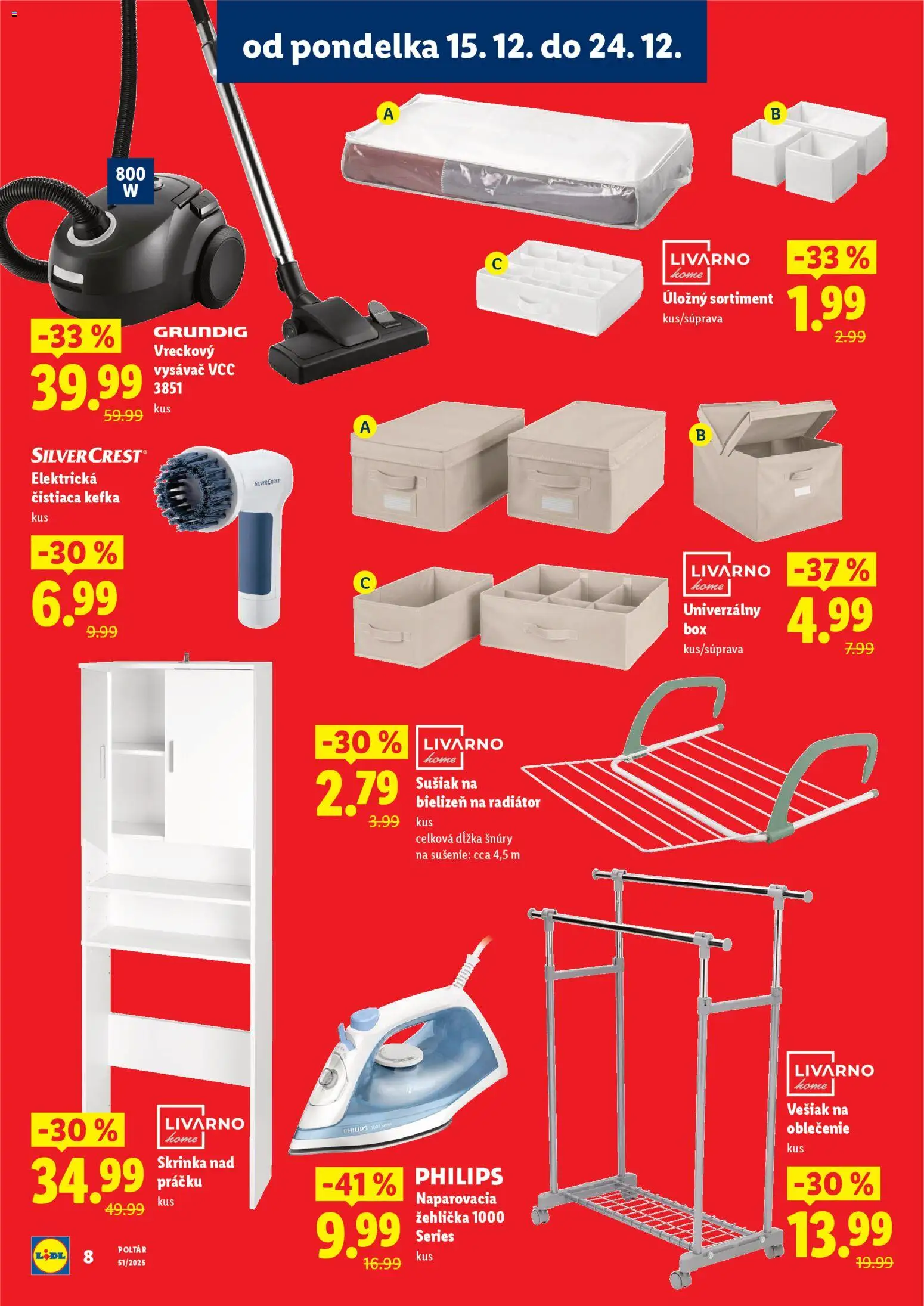 Nové Lidl akcie – leták je platný od 15.12.2025 | Strana: 8 | Produkty: Vešiak na oblečenie, Vešiak, Skrinka, Naparovacia žehlička