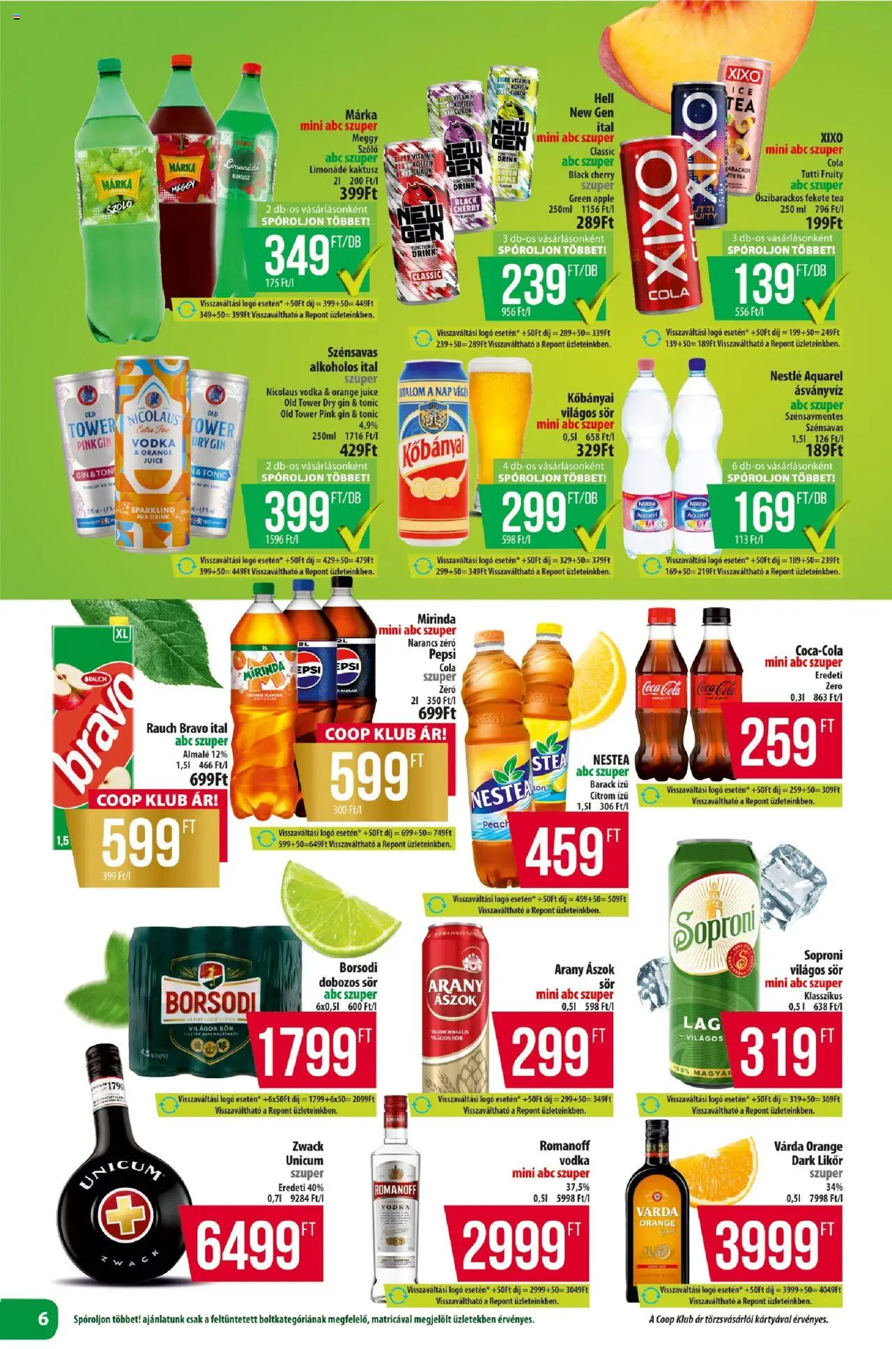 COOP akciós ujság - amely érvényes a következő dátumtól: 21.08.2025 | Oldal: 6 | Termékek: Meggy, Cola, Limonádé, Vodka