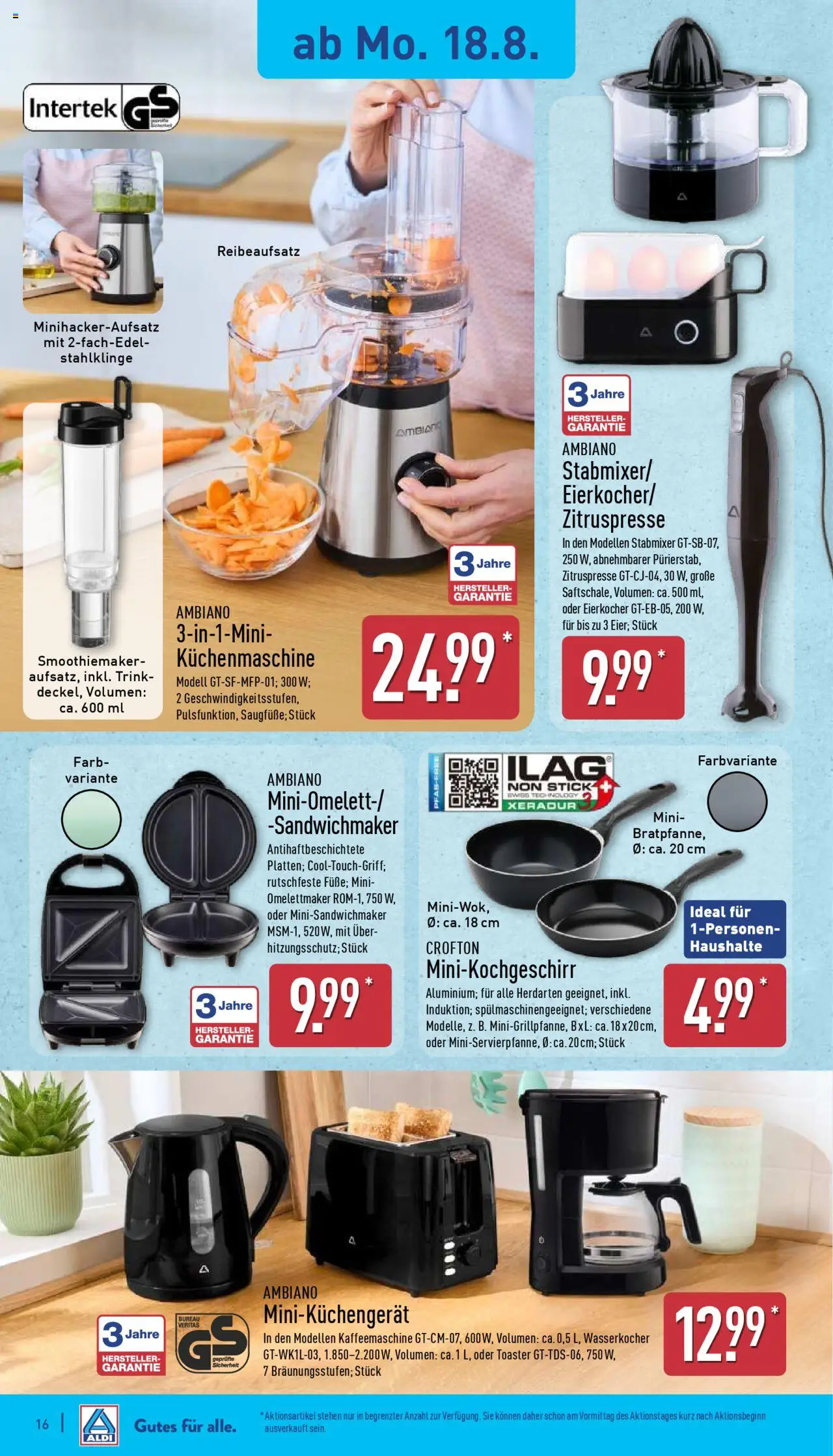 Aldi Prospekt 	 - gültig ab dem 18.08.2025 | Seite: 16 | Produkte: Wasserkocher, Toaster, Eierkocher, Stabmixer