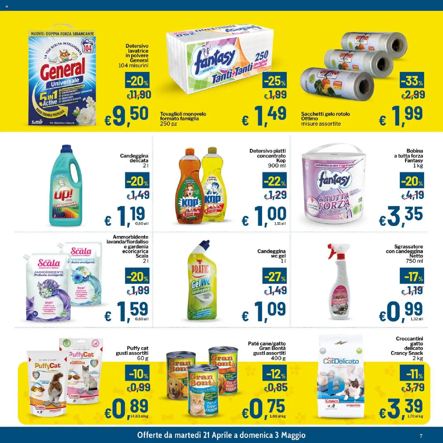 Volantino Qui Discount del 21.04.2026 | Pagina: 7 | Prodotti: Paté, Sgrassatore, Lavatrice, WC