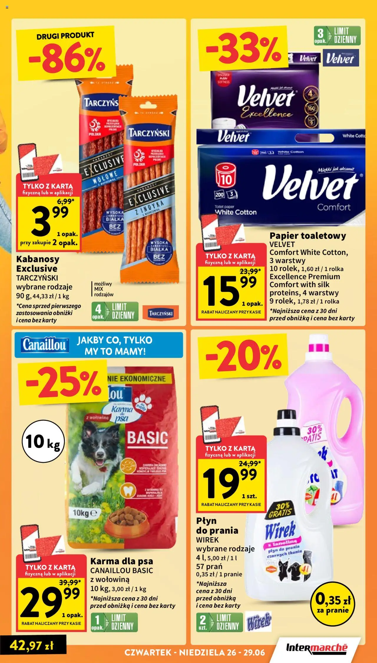 Intermarche Gazetka od 26.06.2025 | Strona: 3 | Produkty: Papier toaletowy, Kabanosy, Karma dla psa, Wołowina