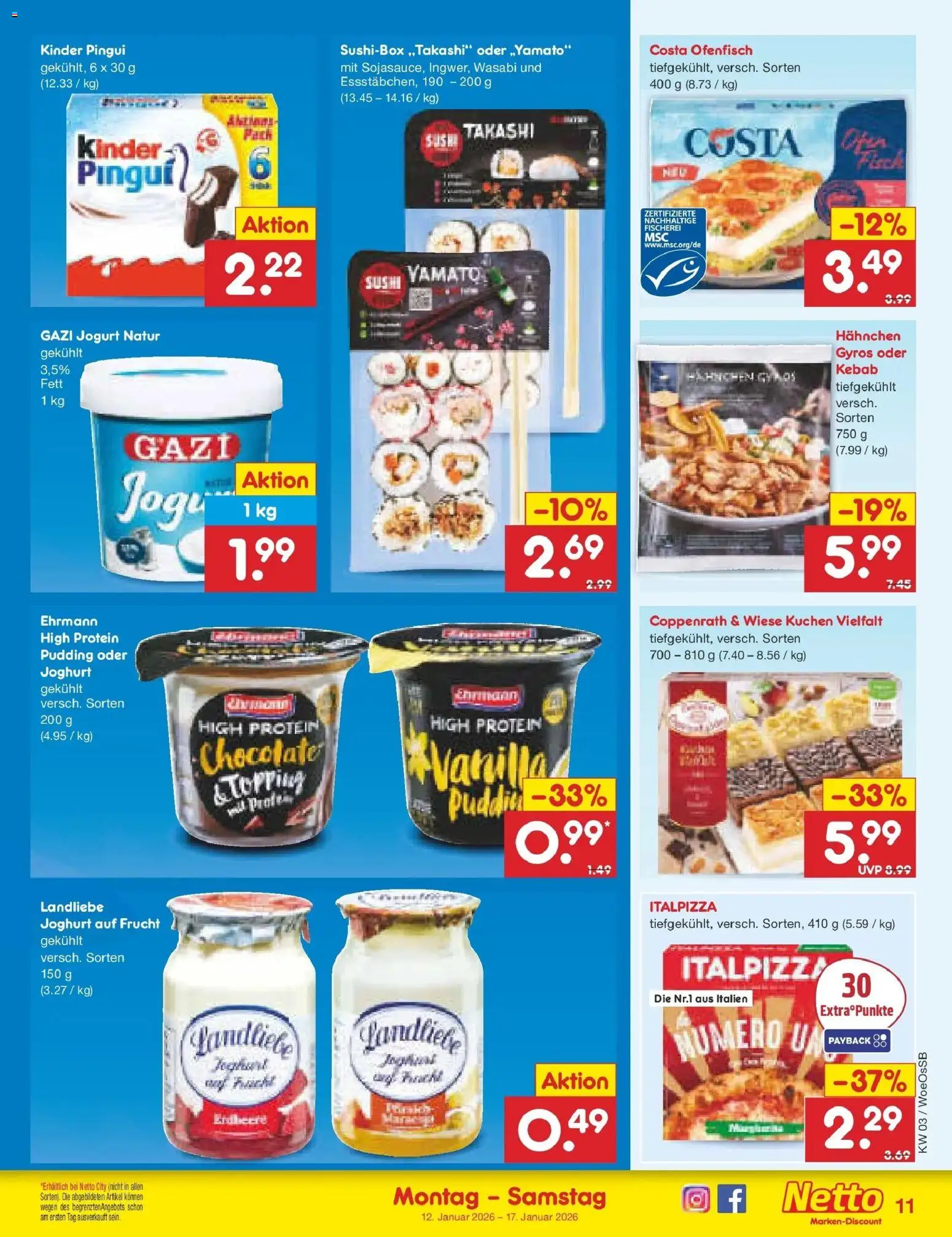 Netto Marken-Discount prospekt Gemmingen	 – gültig ab 12.01.2026 | Seite: 11 | Produkte: Hahnchen, Joghurt, Pudding, Kuchen