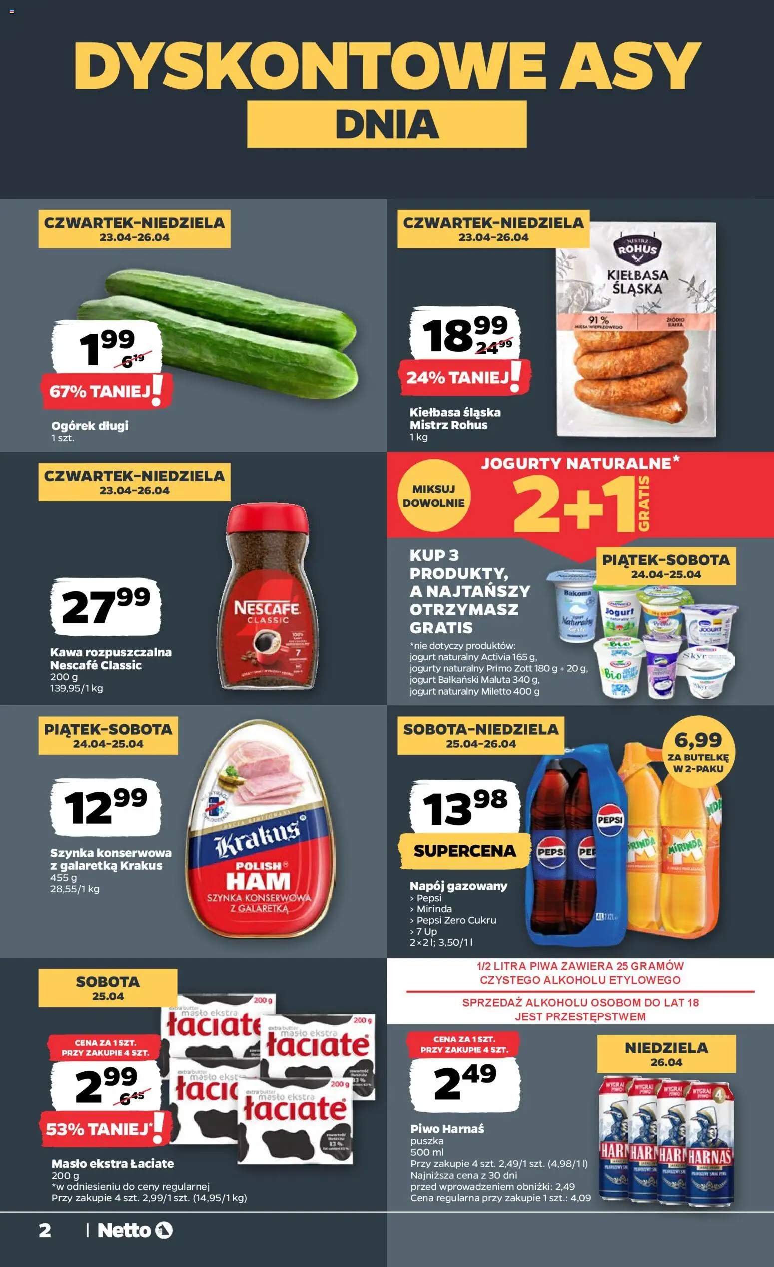 Netto gazetka od czwartku spożywcza od 23.04.2026 | Strona: 2 | Produkty: Kiełbasa, Galaretka, Nescafe, Jogurt