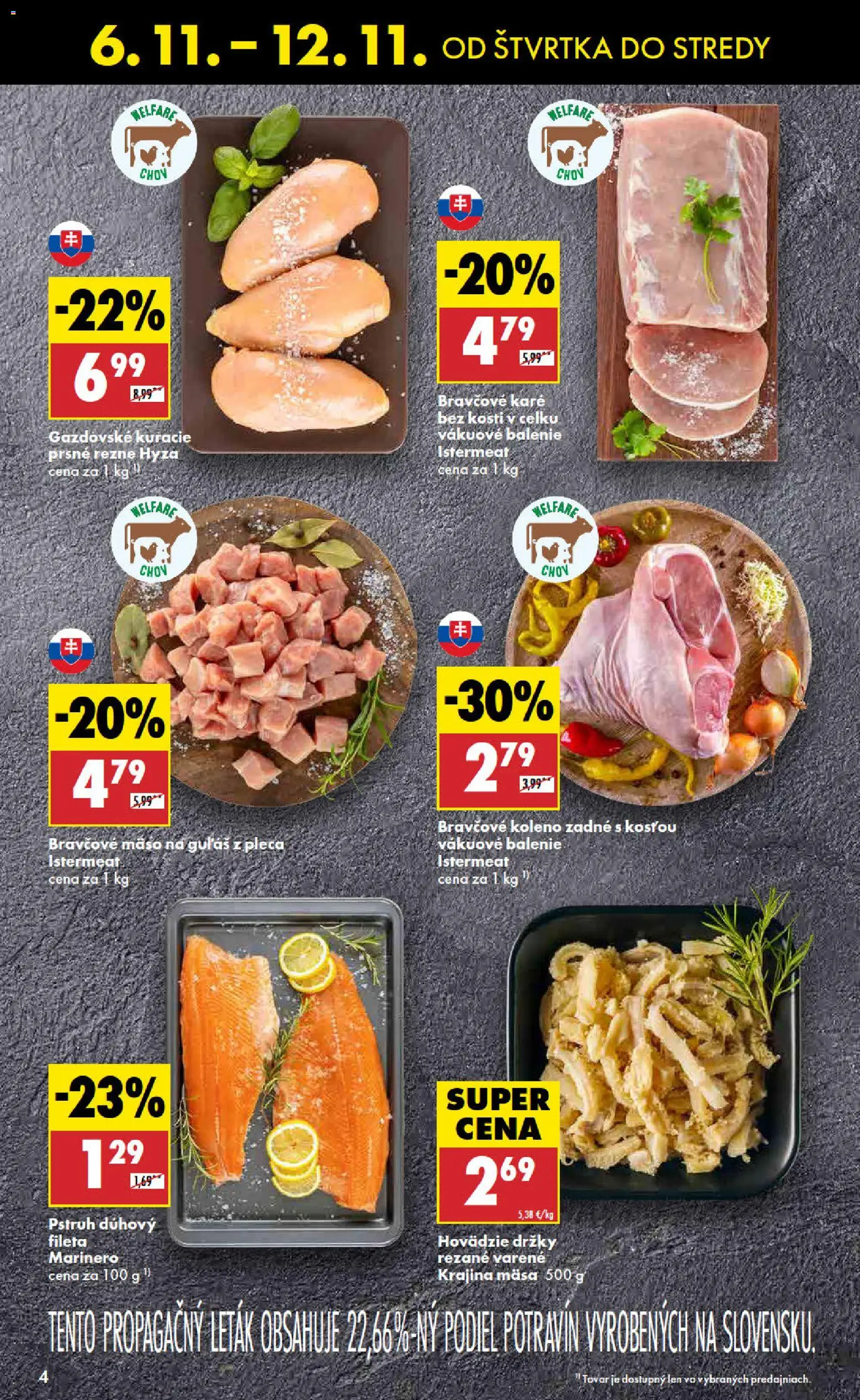 Nové Biedronka akcie – leták je platný od 06.11.2025 | Strana: 4 | Produkty: Pstruh, Bravčové koleno, Bravčové mäso, Bravčové karé